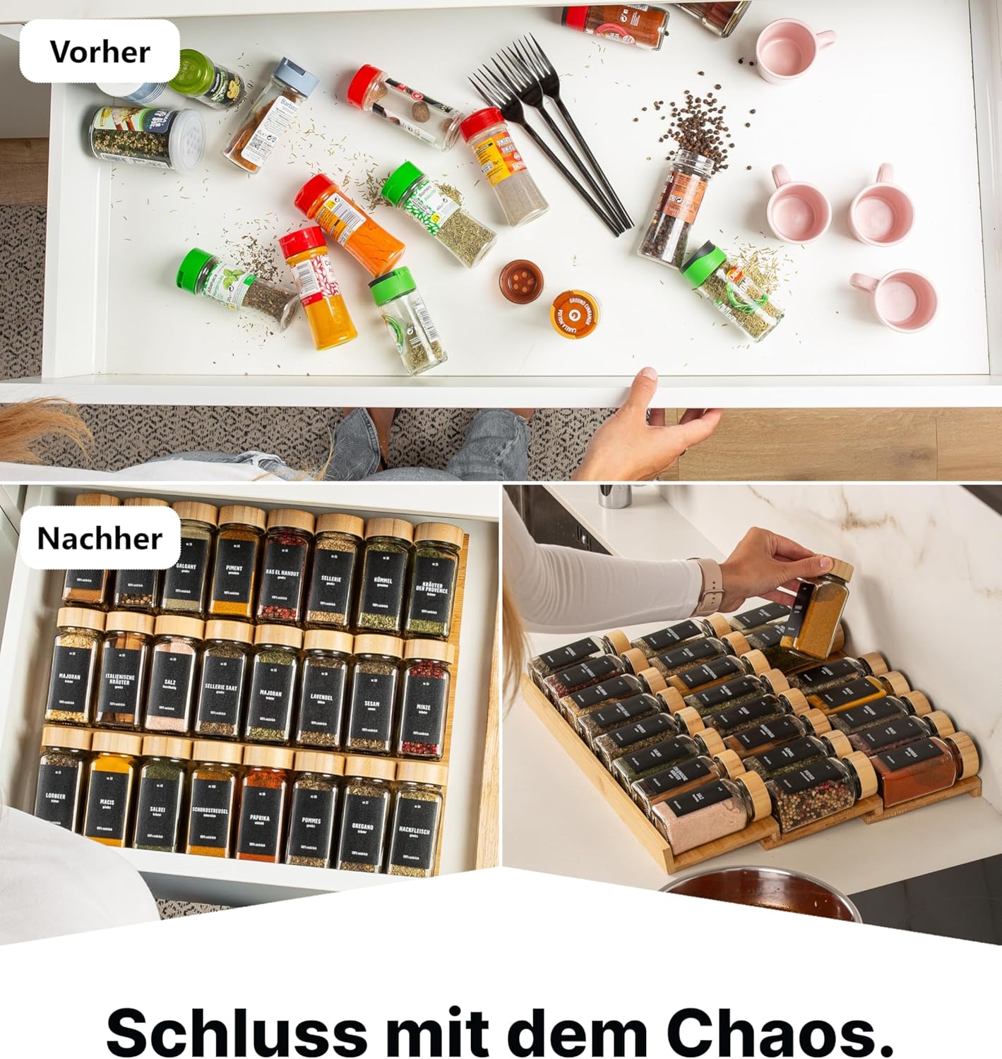 Gewürzgläser-Set mit Schubladeneinsatz, 24 Stk, fix, Bambus, Deckel Bambus