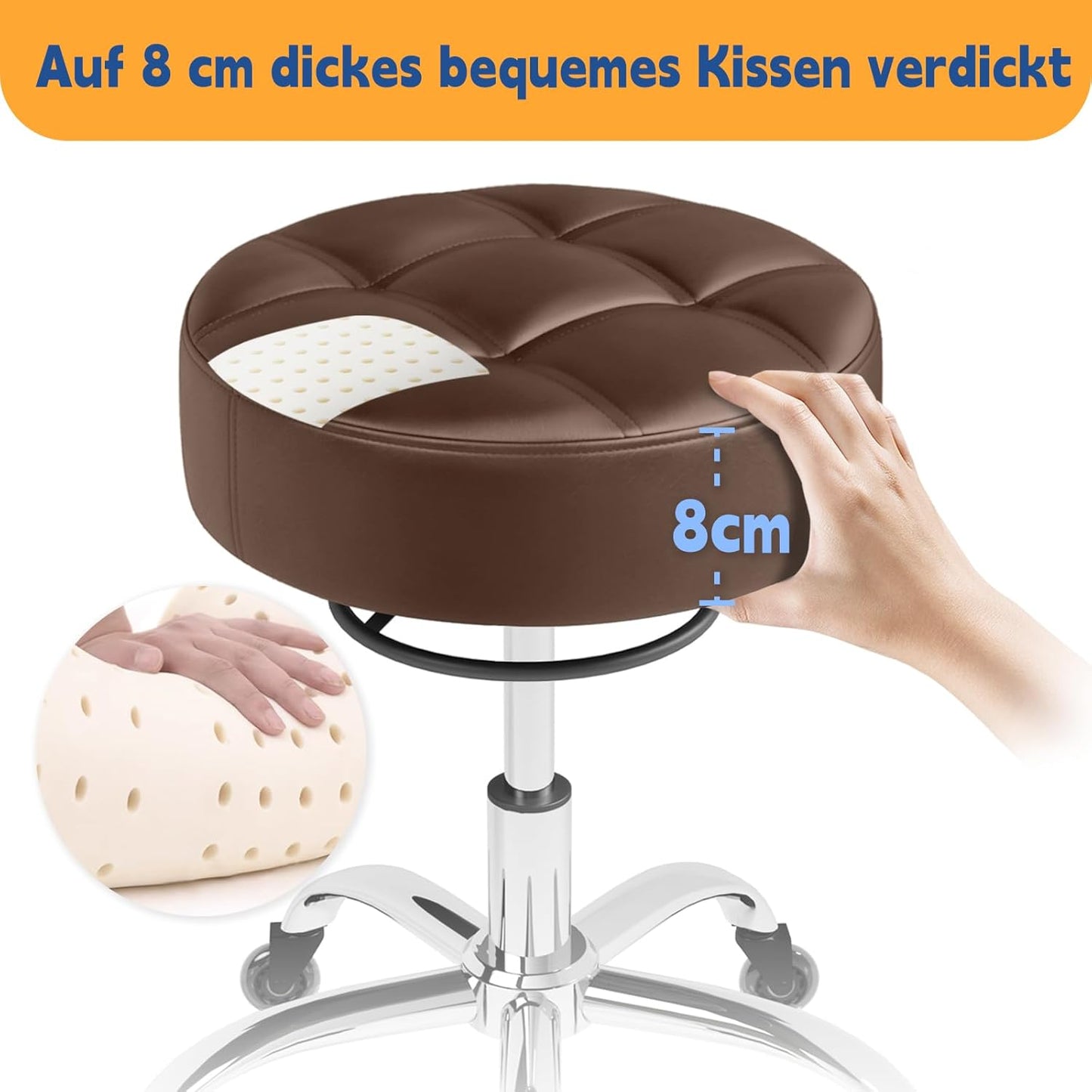 Höhenverstellbarer Rollhocker mit 360° Rollen, Braun