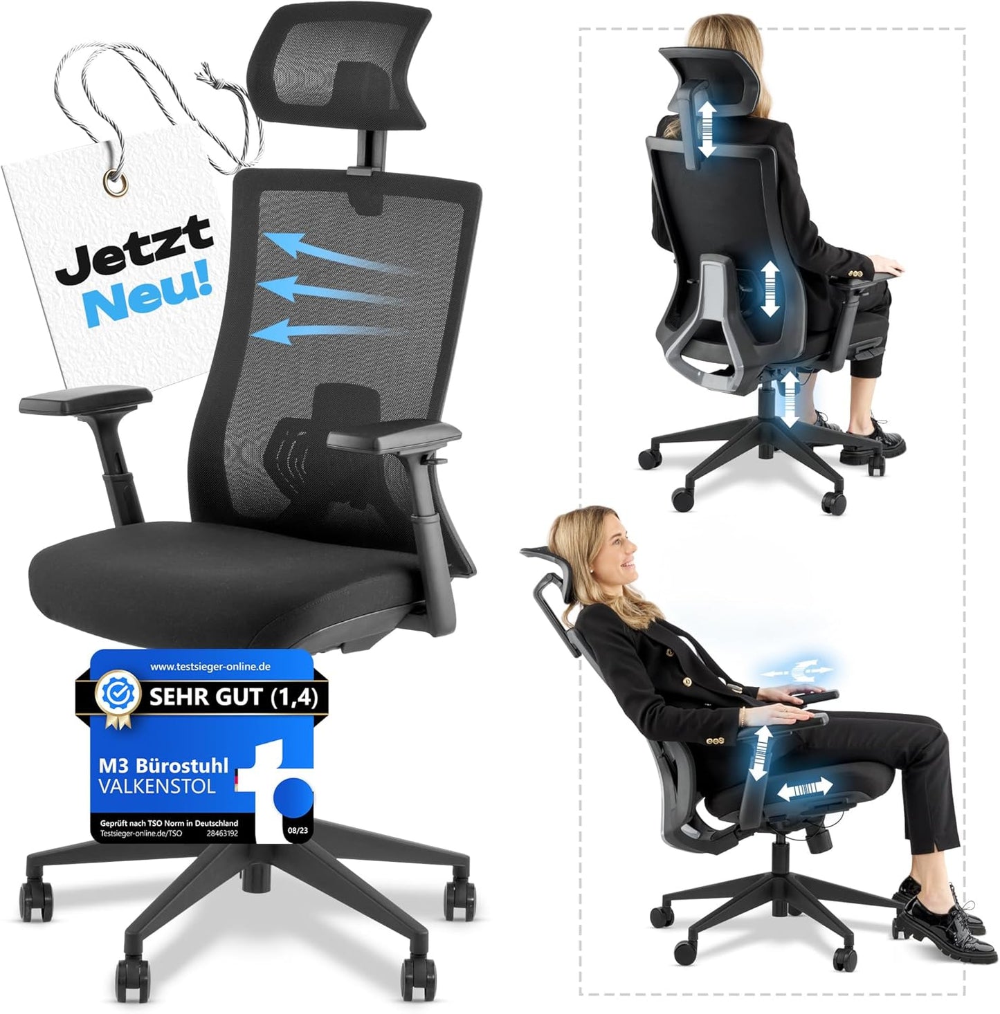 Ergonomischer Bürostuhl M3 Pro mit Kopfstütze, Schwarz M3 Pro