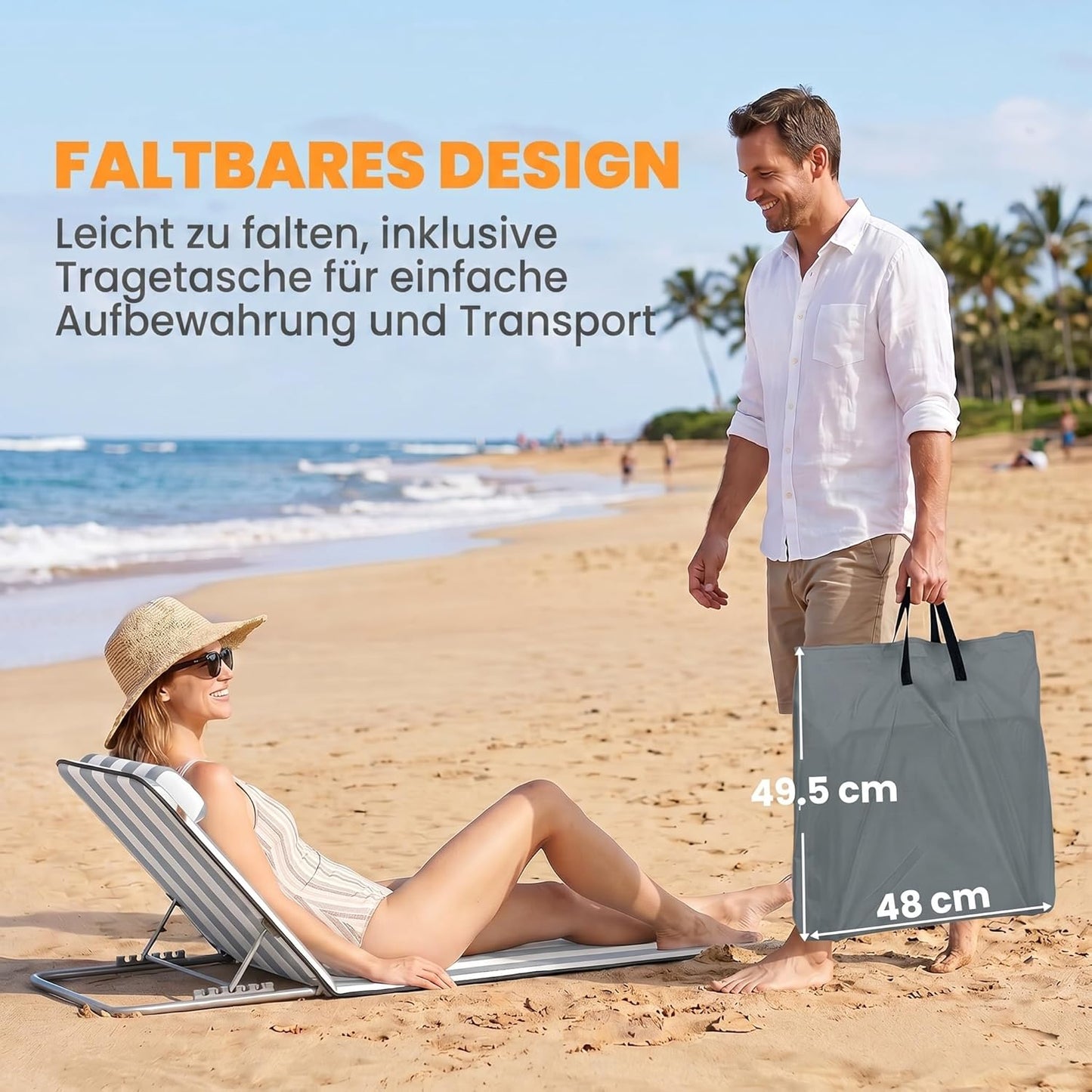 Klappbares Sonnenliegen-Set mit Kopfkissen und Tragetasche, Hellgrau