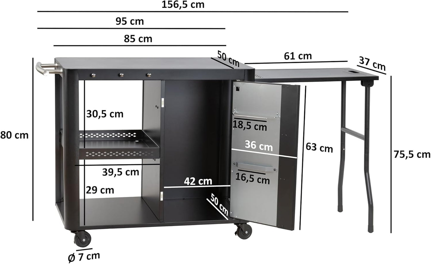 Grillwagen mit grosser Arbeitsfläche, 95 x 50 x 80 cm, Schwarz