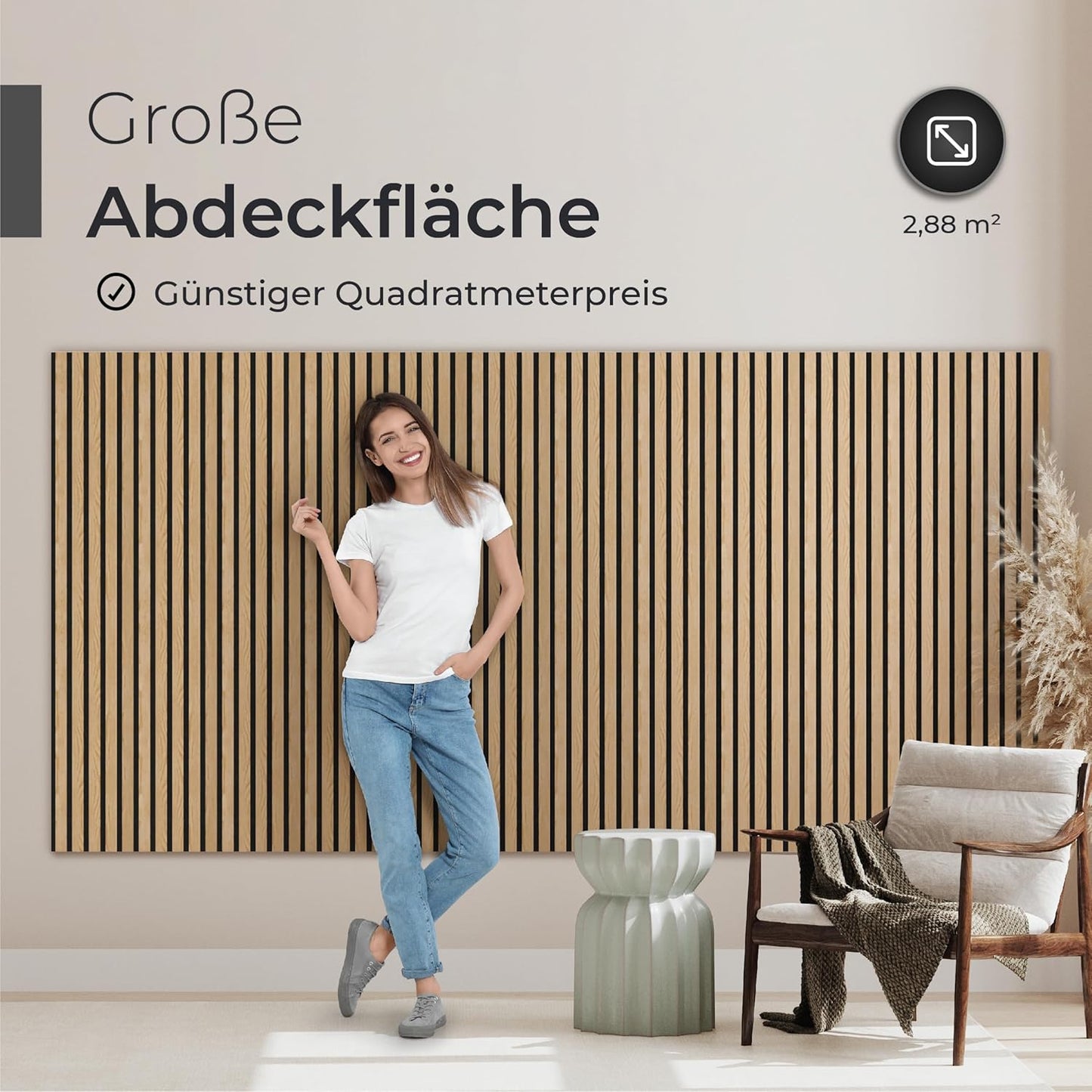 4-teiliges Akustik Holzpaneele-Set, 3D Wandverkleidung, 4 Stück | je 120 x 60 x 2,1 cm Holzfurnier Eiche | Akustikfilz Grau