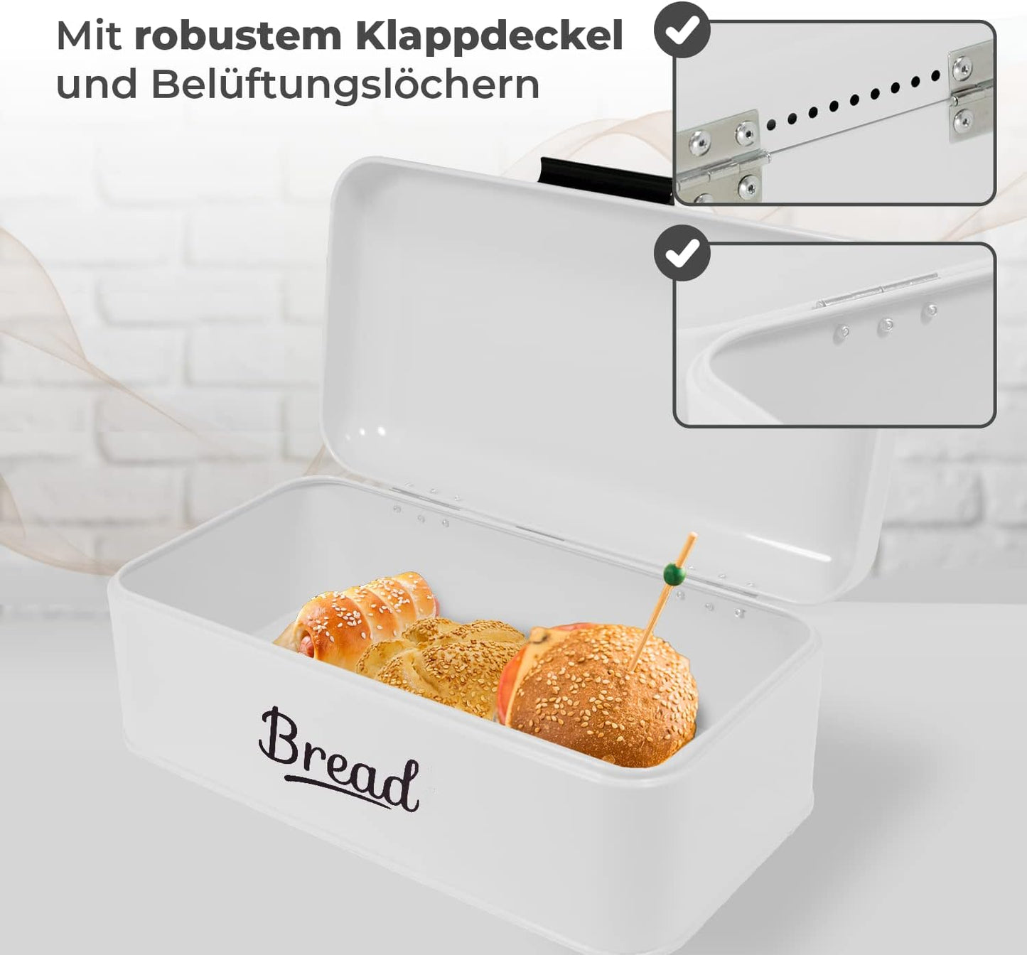 Retro Brotkasten mit Klappdeckel, Farbe: Weiss - Schriftzug: Schwarz