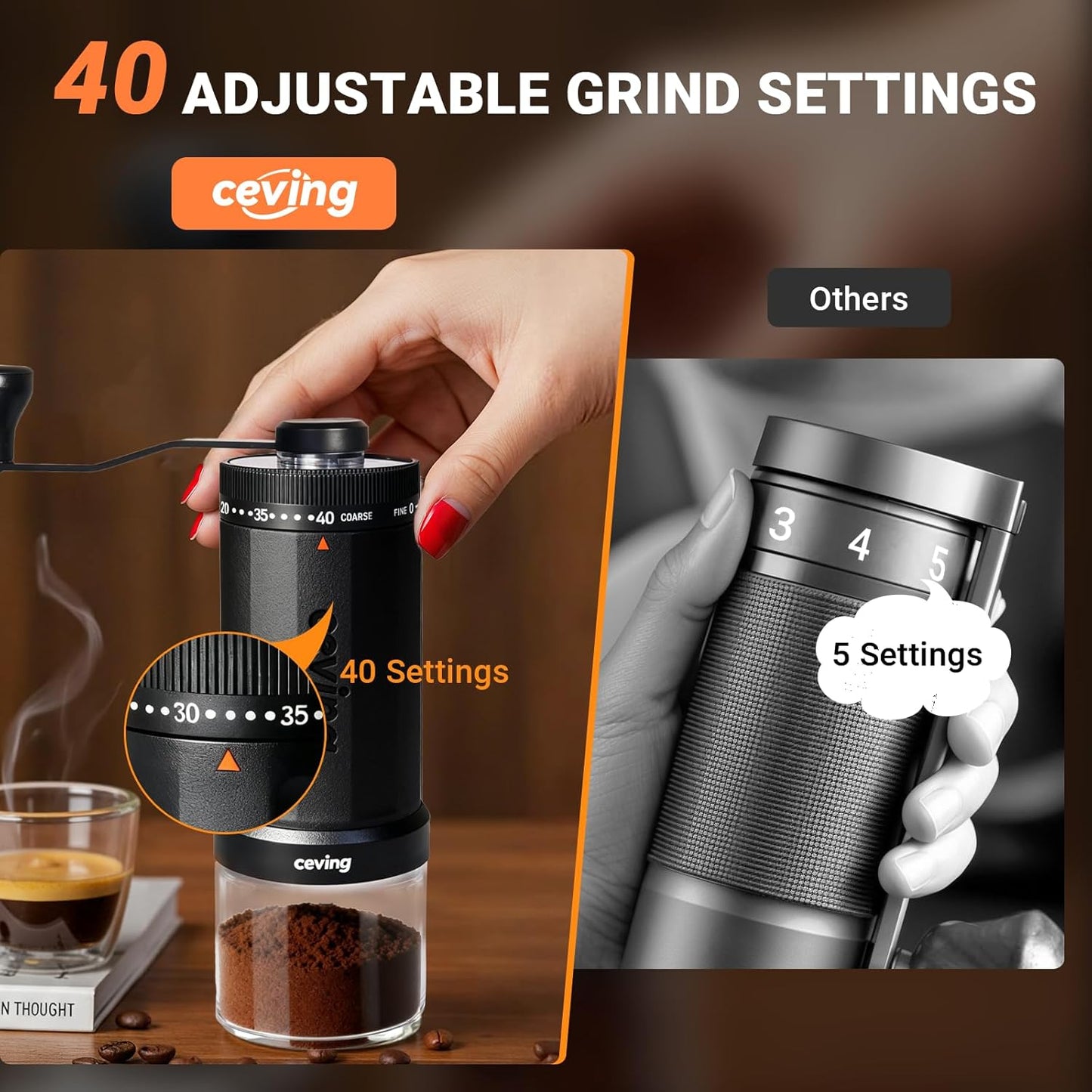 Manuelle Kaffeemühle mit 40 Mahlstufen, Modell Mega, Neues Modell–MEGA