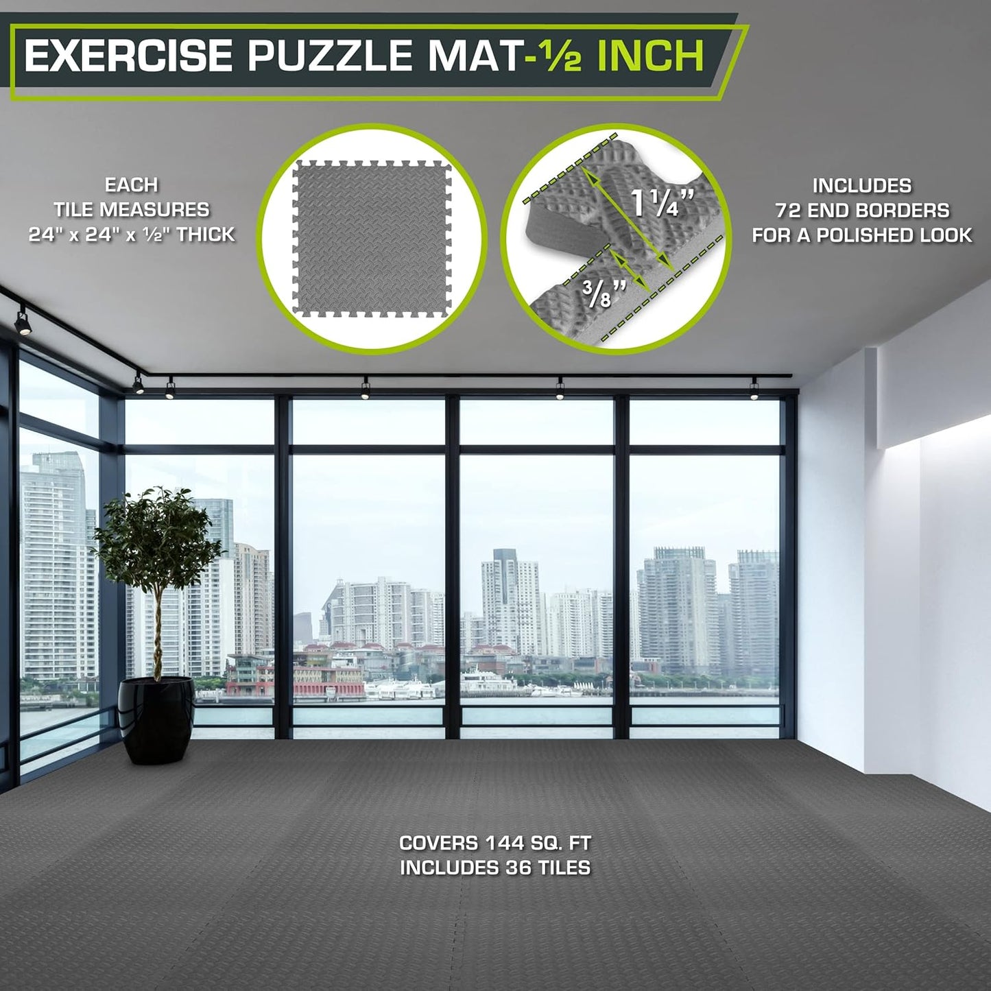 Puzzle-Trainingsmatte, Grey - 1/2 Inch - 144 Sq Ft - 36 Tiles
