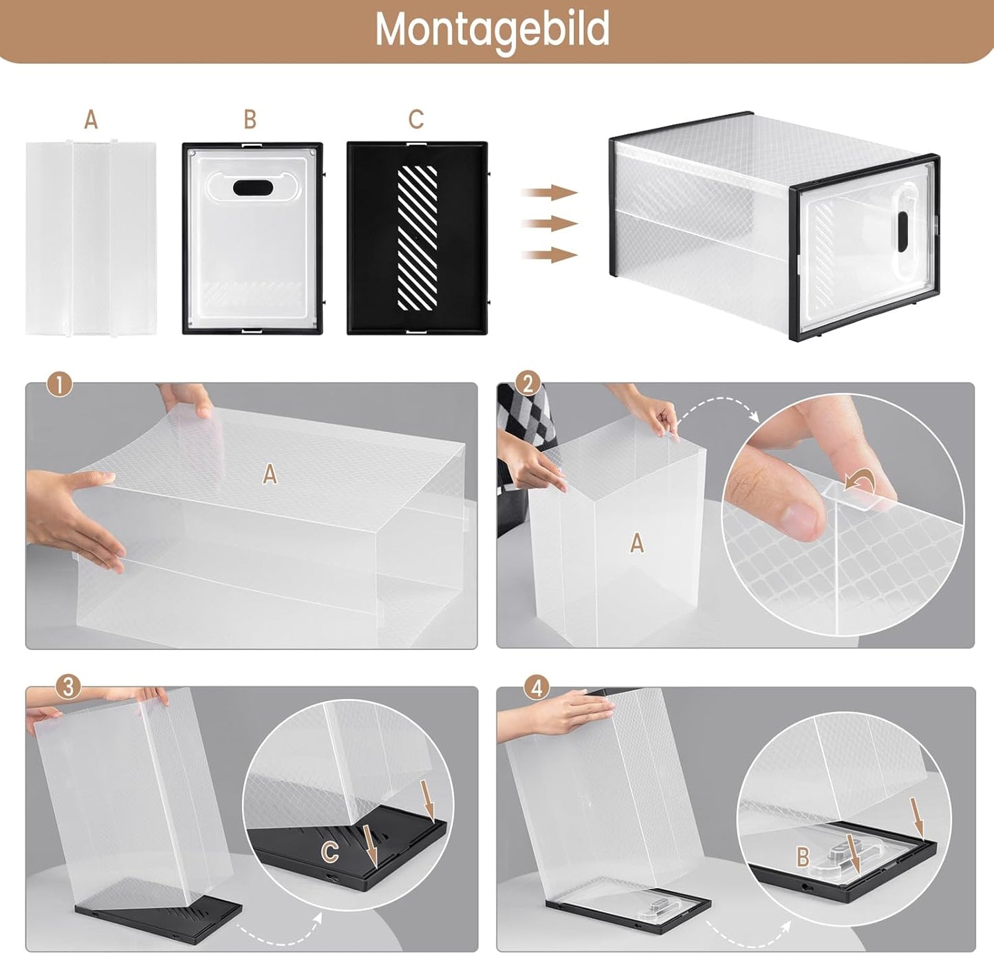 Stapelbare Schuhboxen-Set mit Magnettür (12 Stück), Transparent+schwarz 12er 35x19x25 cm