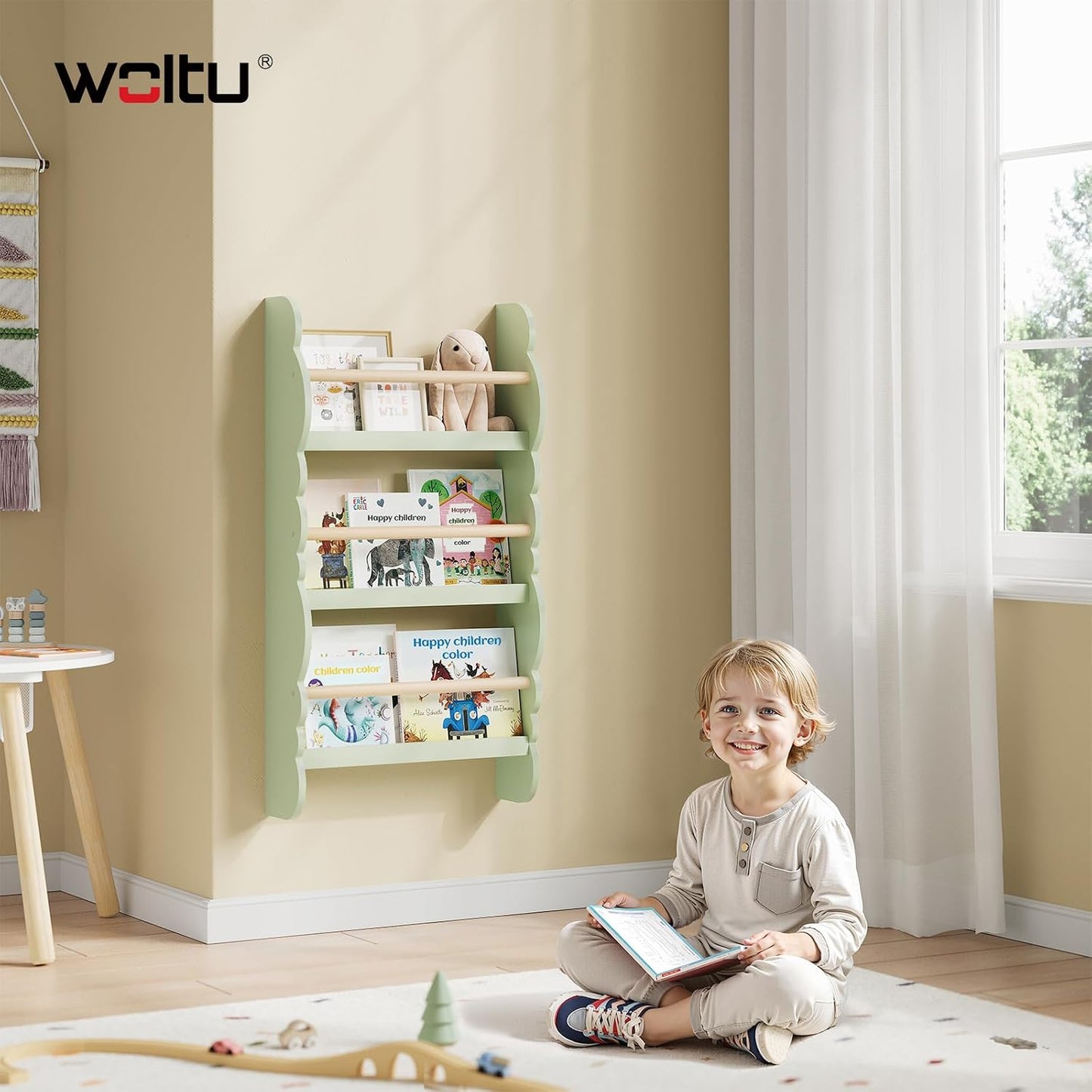 Kinder Wandbücherregal mit 3 Ablagen, Grün 42.5x80cm