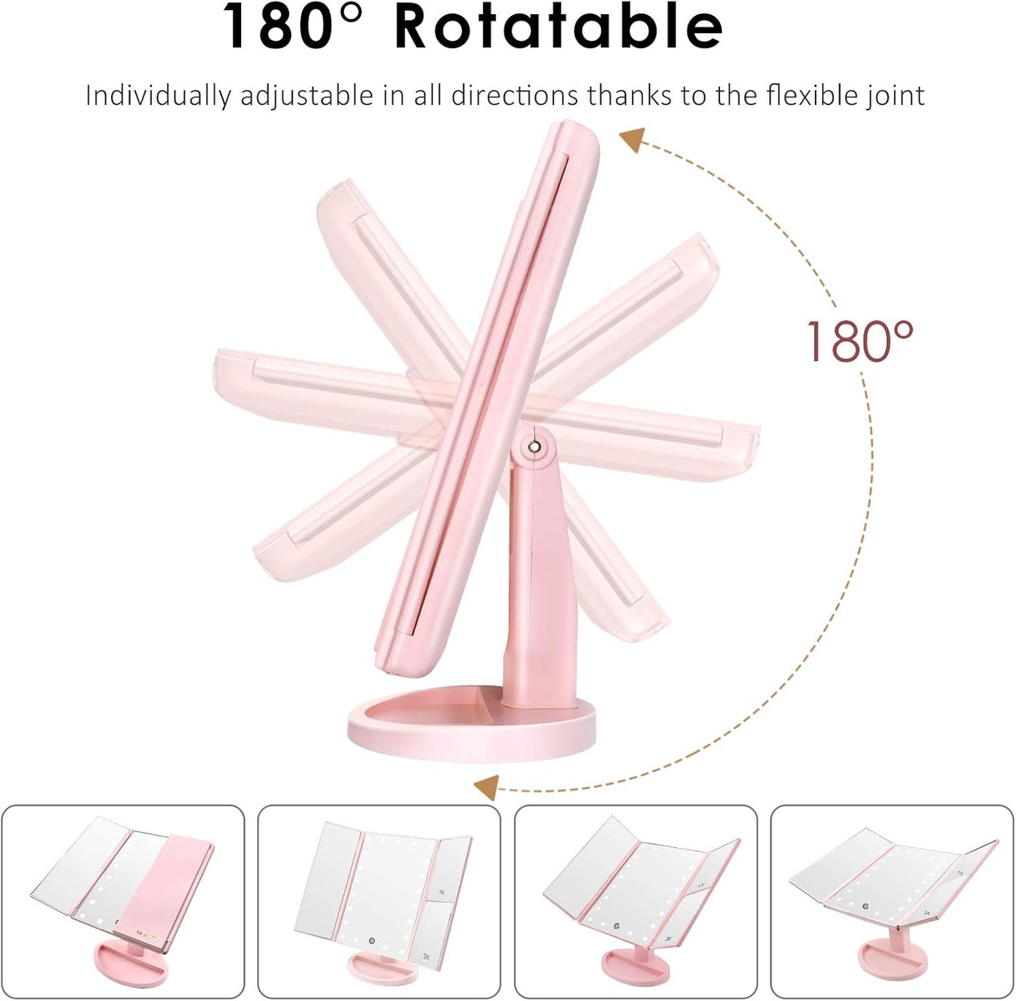 Trifold Make-up-Spiegel mit LED und USB-Aufladung, Rosa-1