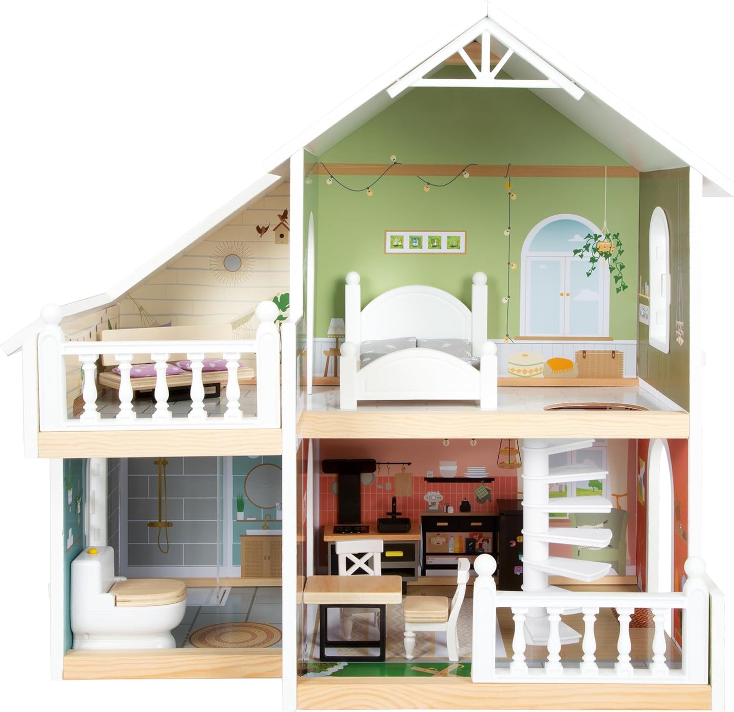 Holzpuppenhaus mit Dachterrasse und Zubehör, Puppenhaus mit Dachterasse
