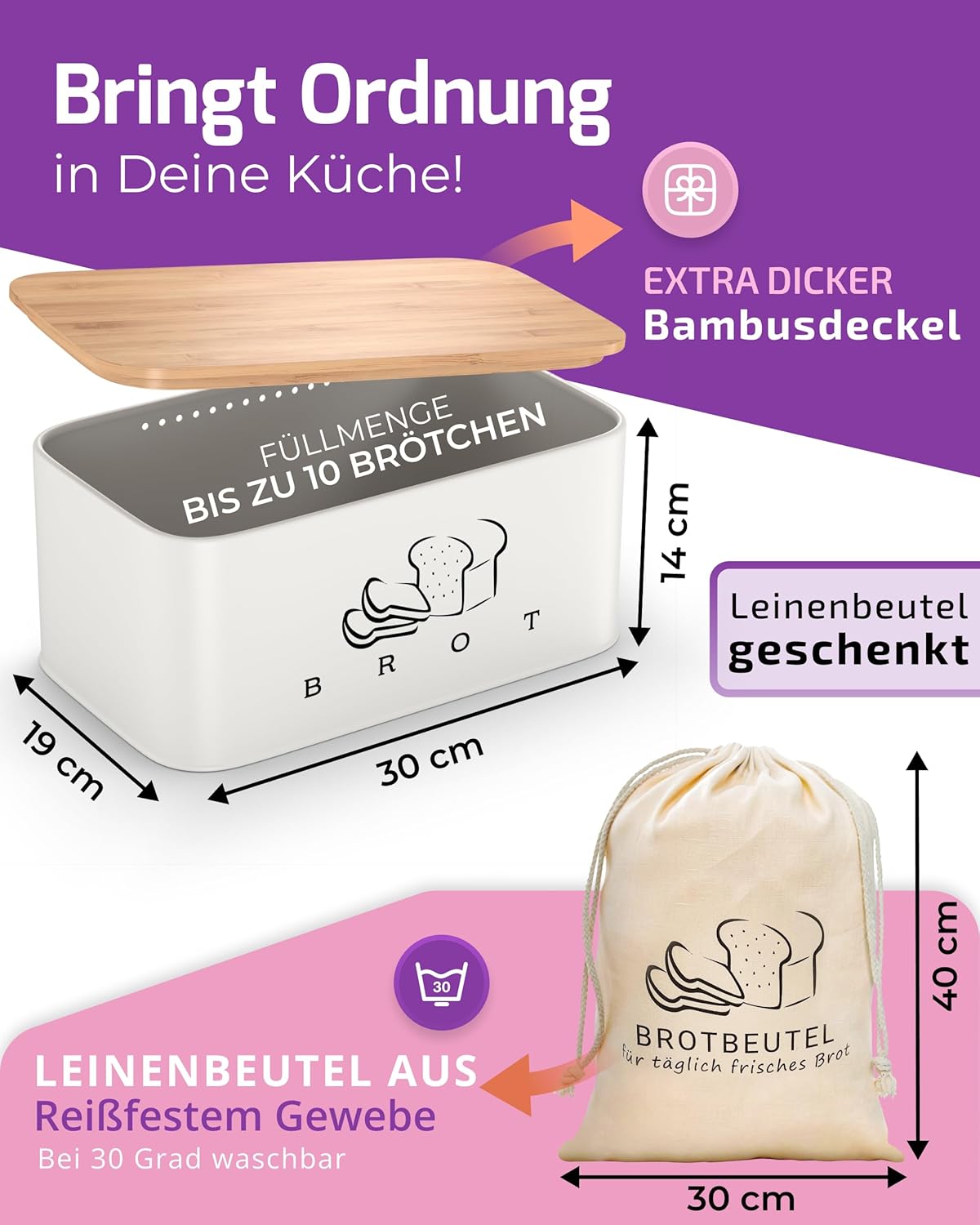 2-in1 Brotbox mit Bambusdeckel & Brotbeutel, Weiss