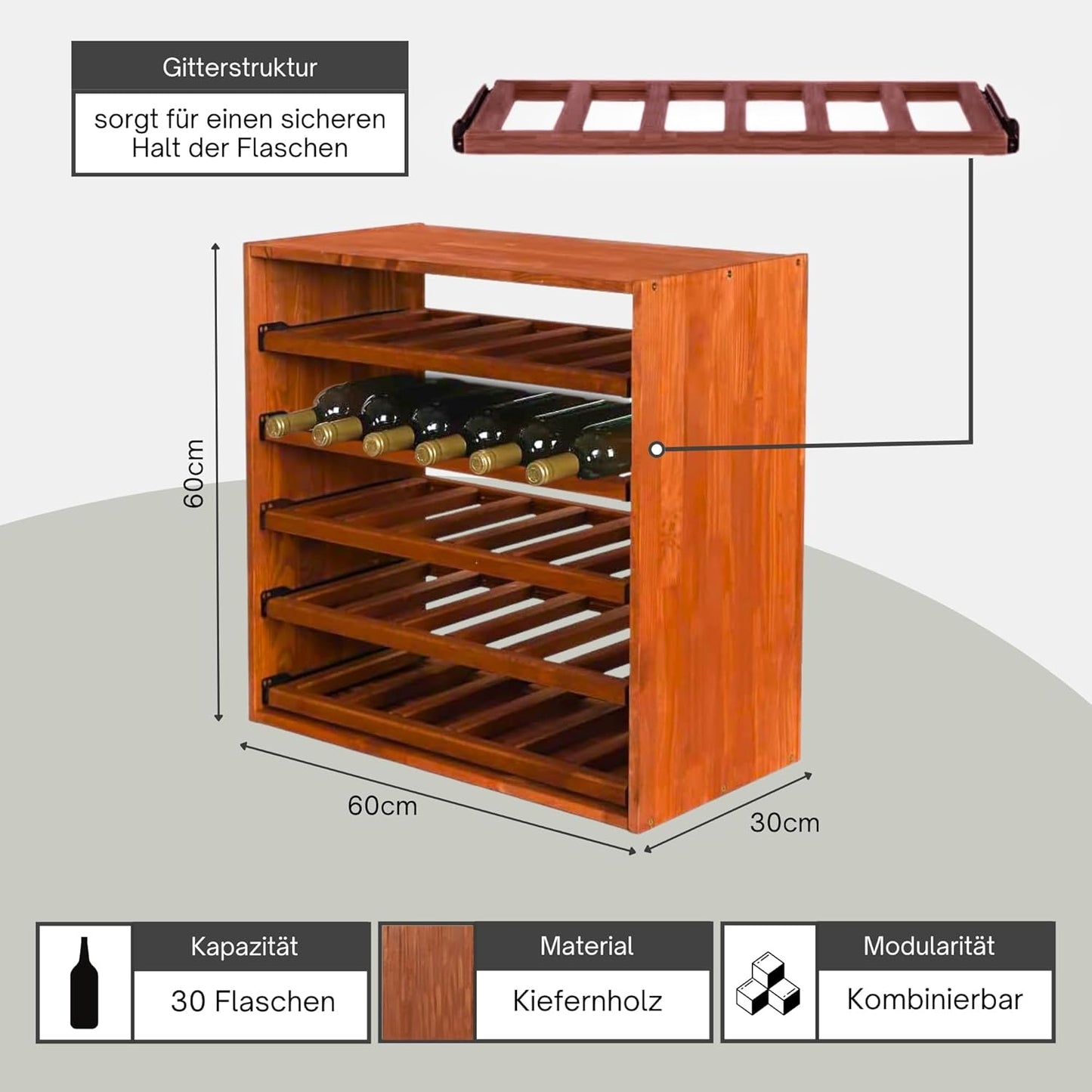 Modulares Weinregal, Auszug Modul für 30 Flaschen Kiefer Braun