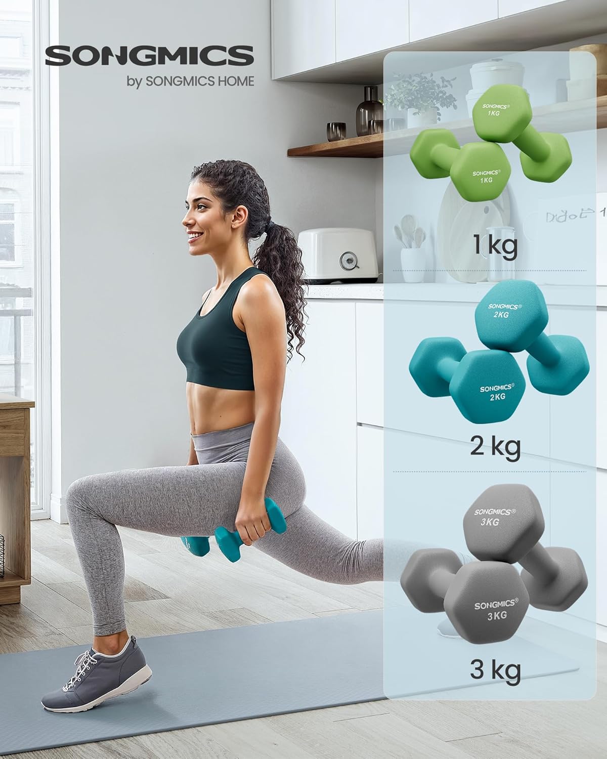 Hantel-Set mit Neopren-Beschichtung, 12kg,limettengrün + aquamarin + hellgrau