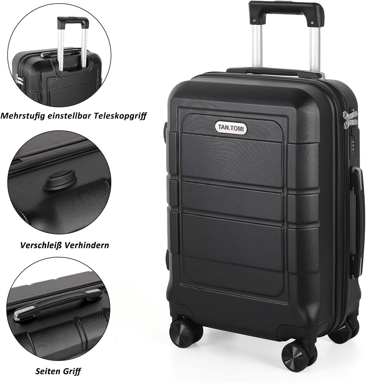 Handgepäck Trolley-Koffer mit Zahlenschloss (56cm), Schwarz 20 Inch (Medium)
