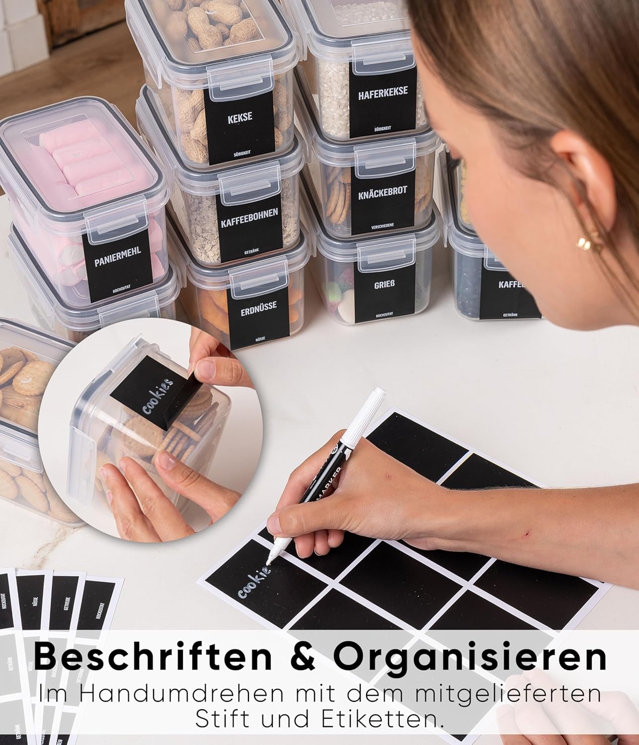 12-teiliges Vorratsdosen-Set inkl. Etiketten, 12 Set Schwarz