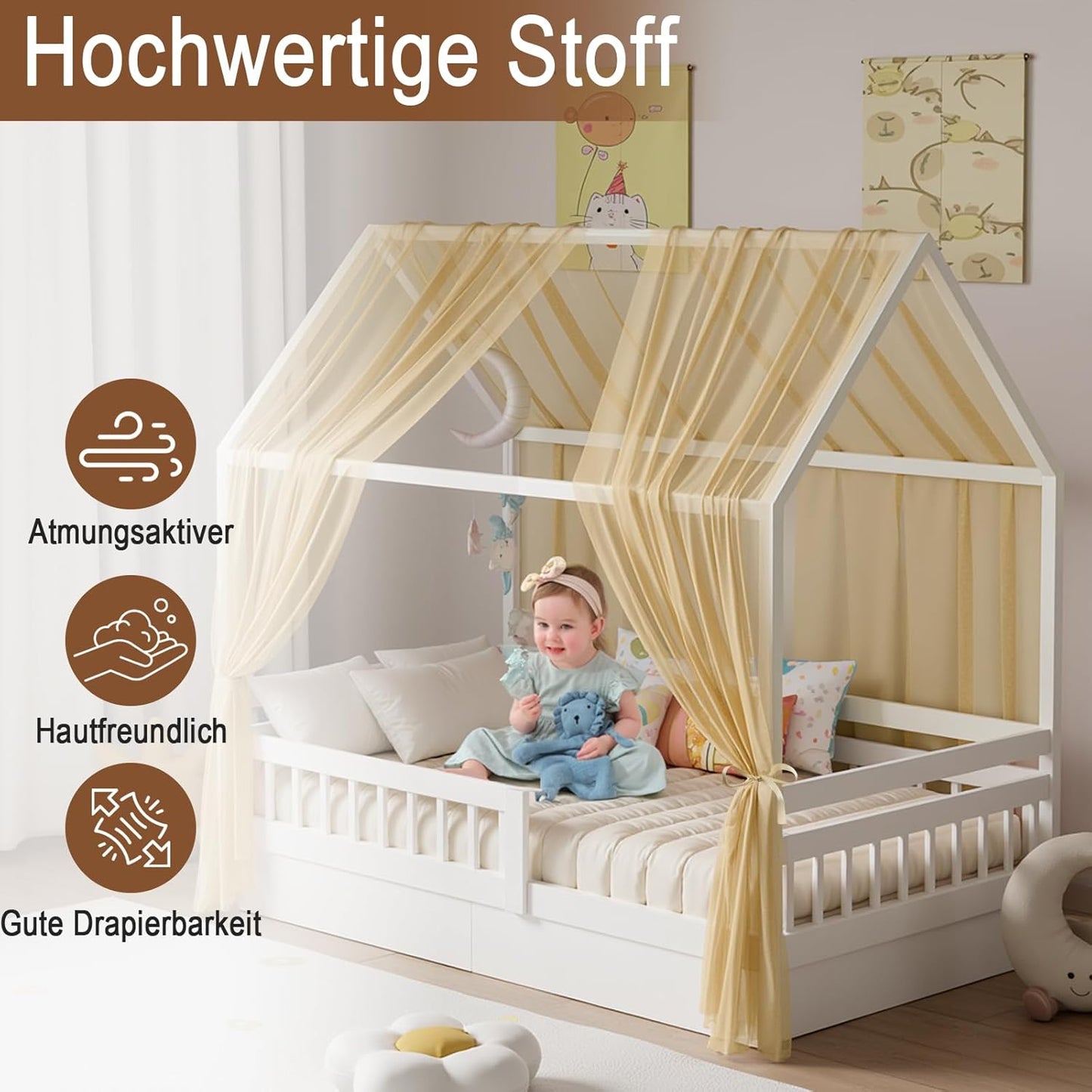 2-teiliges Betthimmel-Set für Hausbett, H350 x B150 cm (2er Pack) Khaki