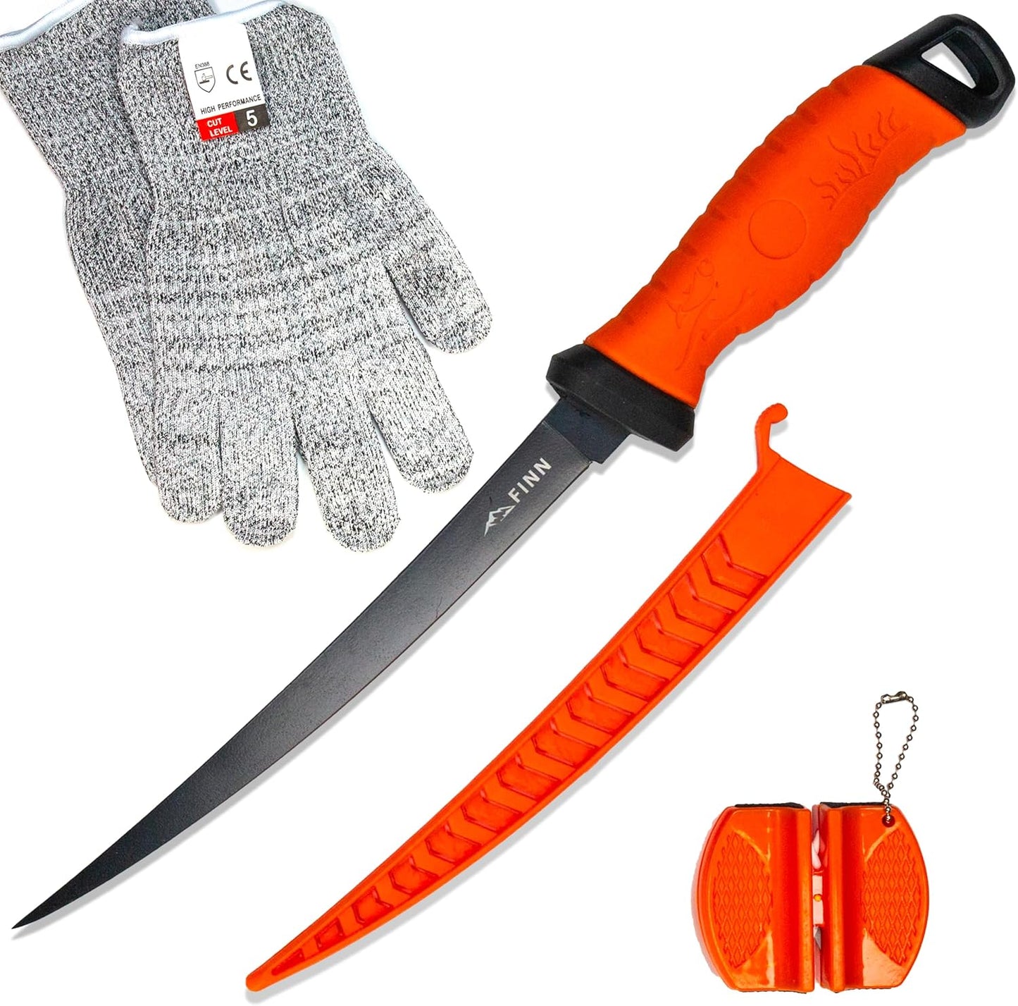 Filetiermesser-Set mit Messerschärfer & Handschuhen, Orange