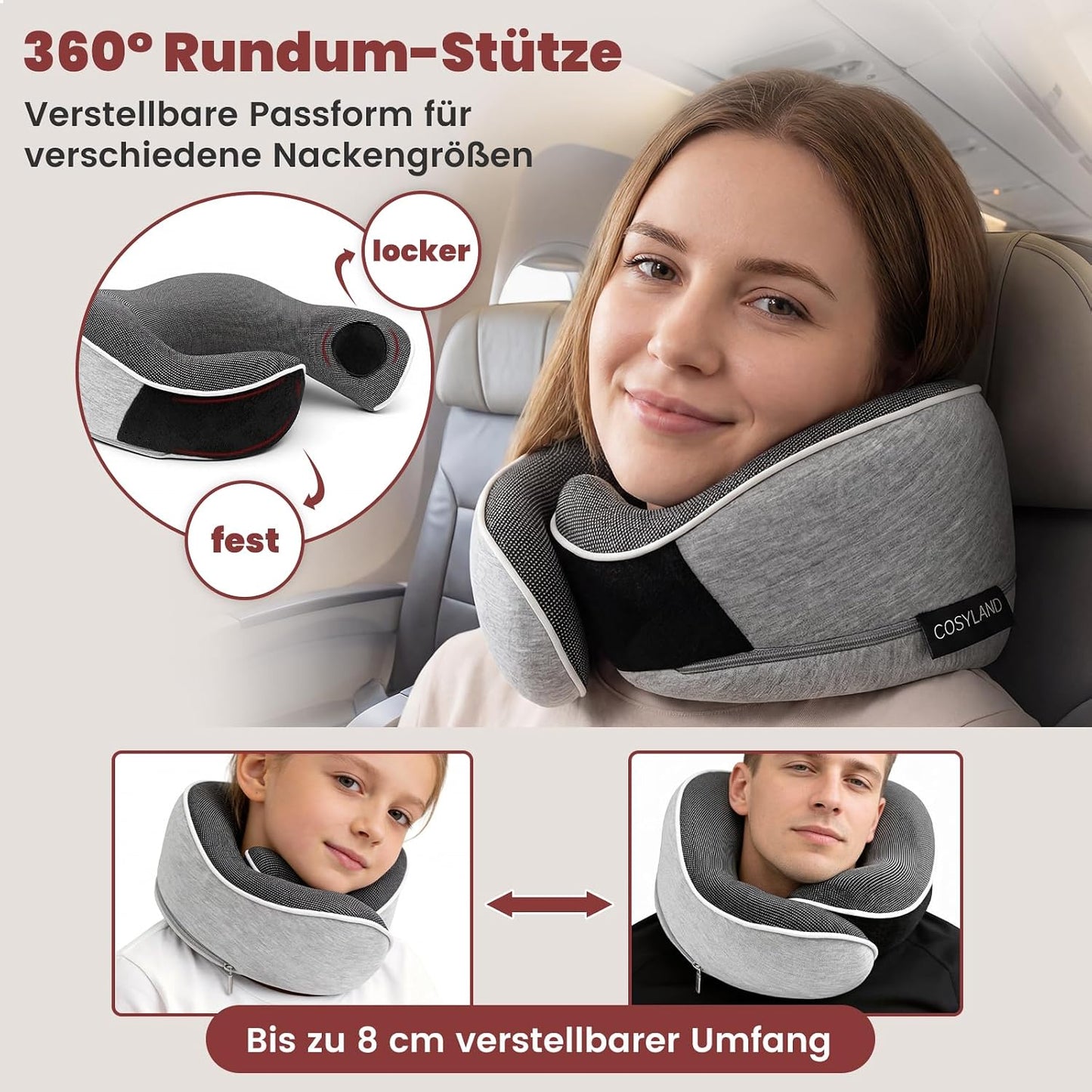 Reisekissen 360° Memory Foam mit Zubehör-Set, Grau