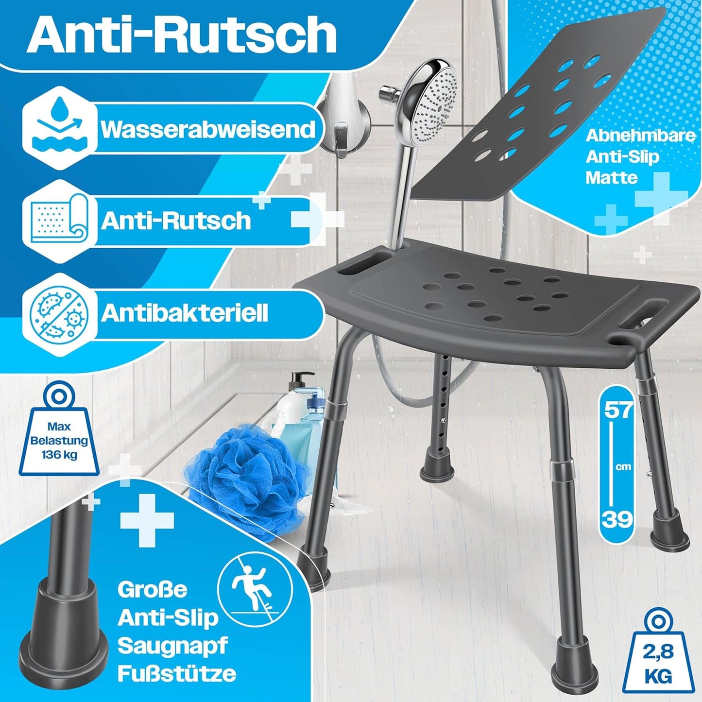 Duschhocker höhenverstellbar mit Haltegriff, Eckig Anthrazit