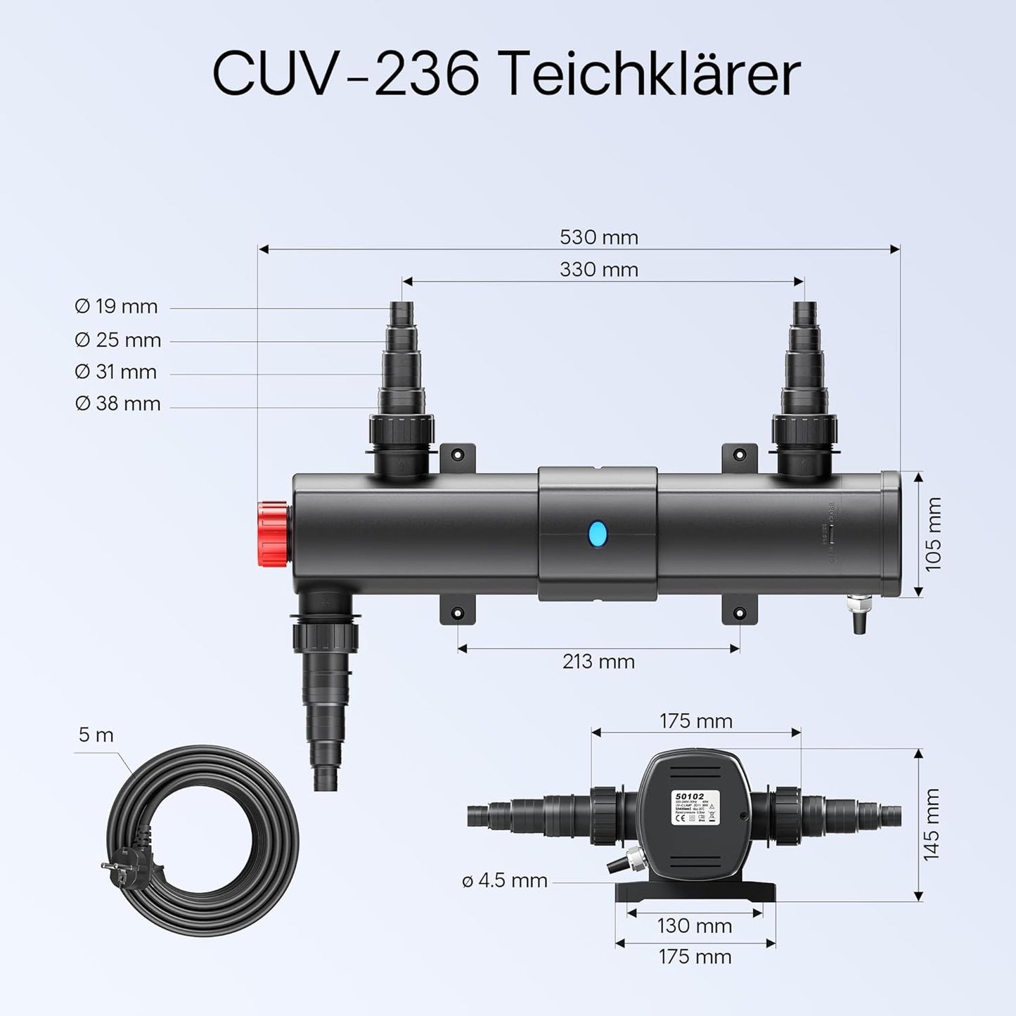CBF-550 Teichfilter Komplettset mit Pumpe und UVC Klärer, CBF-550 Filter+8000 L/h Pumpe+36W UVC-Klärer+Y-Verteiler