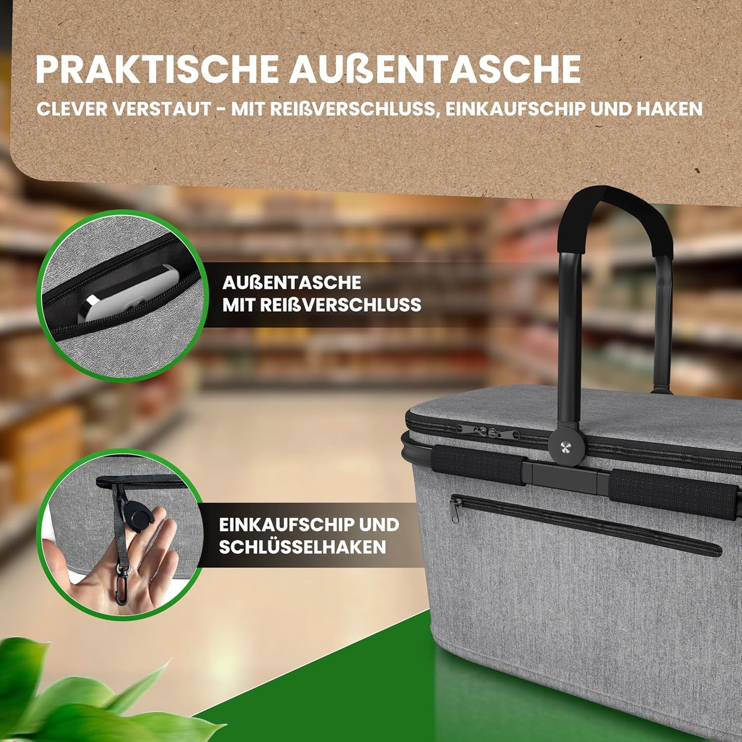 Thermo Einkaufskorb Kühltasche mit Reissverschlussfach, Grau