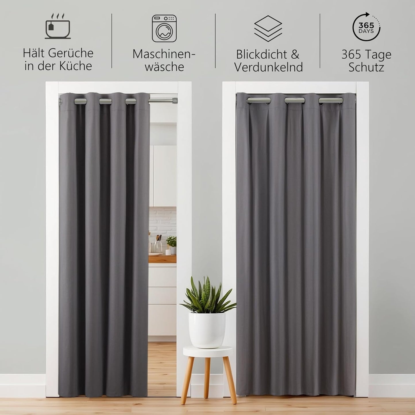 Türvorhang mit Teleskopstange, H210 x B150 cm (1er Pack) / Türvorhang Grau + Stange Silber 55-90 Cm