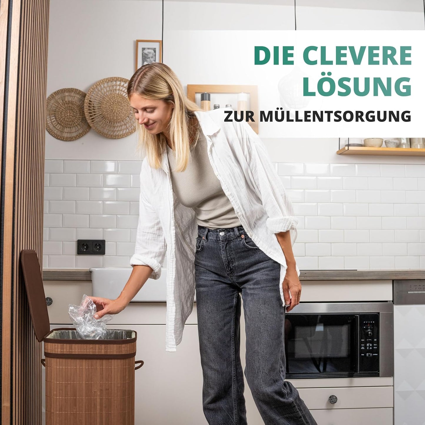 Müllsack-Ständer mit Innentasche, Bambus / Kaffee