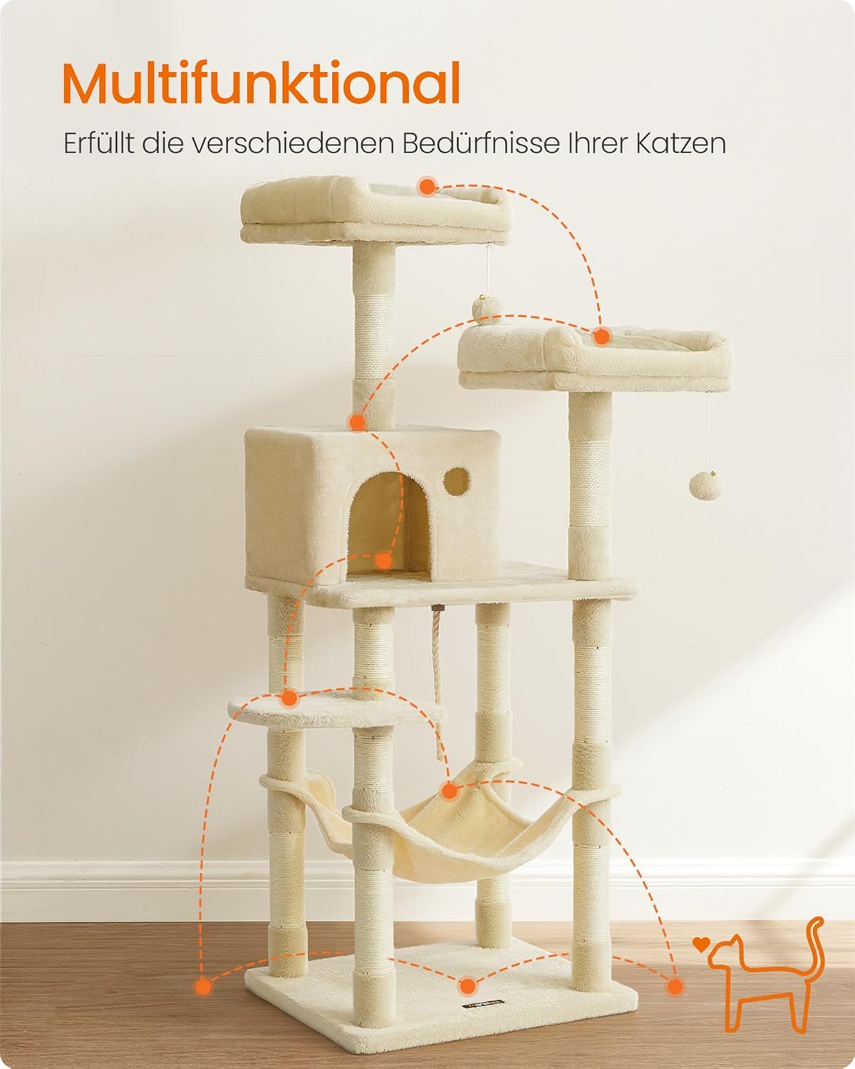 Kratzbaum mit Hängematte und Katzenhöhle, Beige L (55 x 45 x 143 cm)
