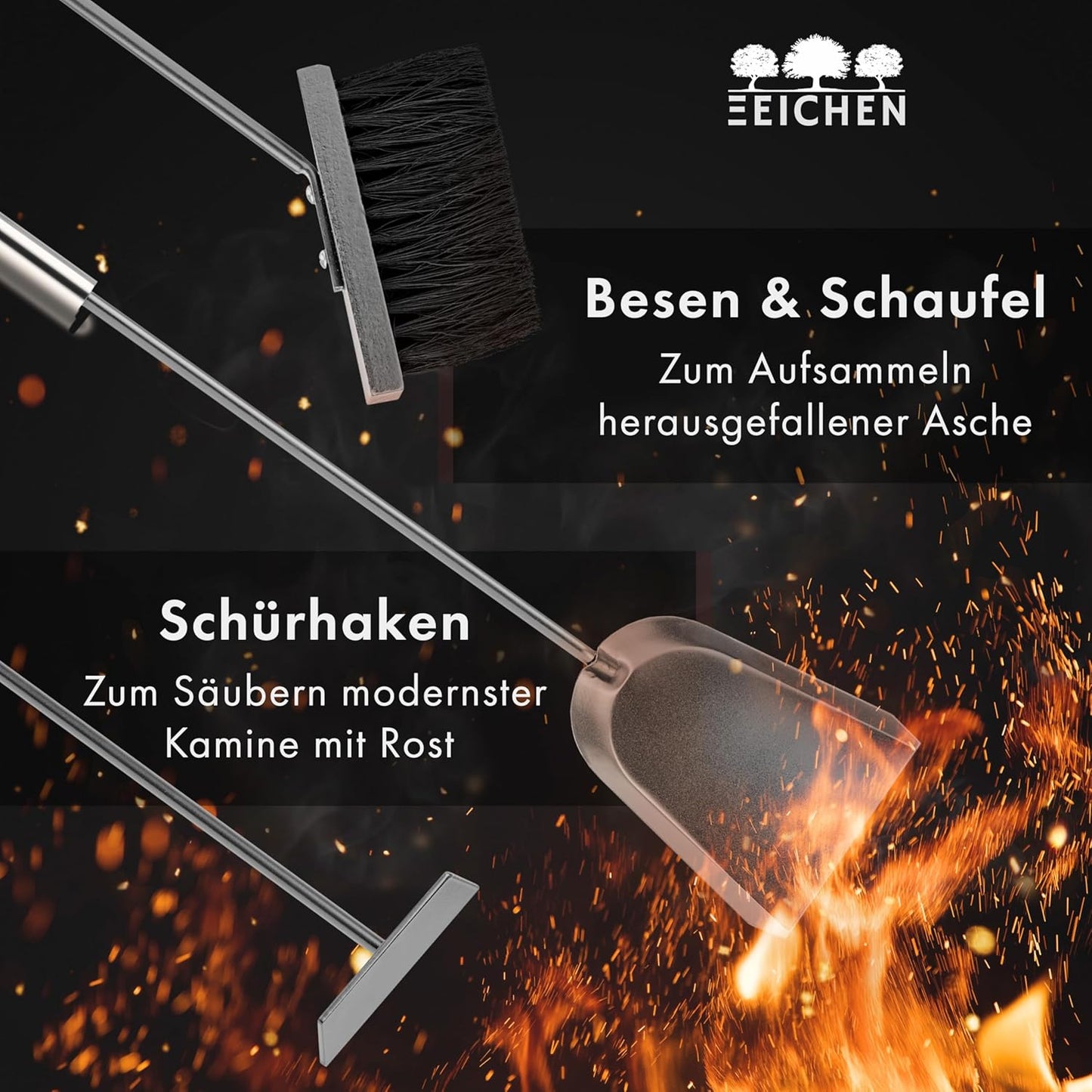 3-teiliges Kaminbesteck mit Schürhaken, Ascheschaufel und Kaminbesen, Grau