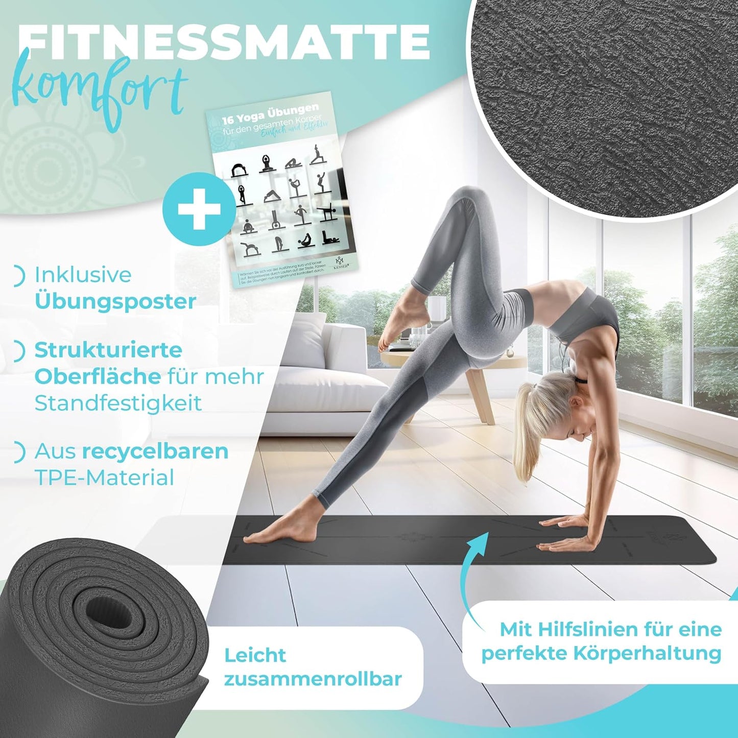 Gymnastik- und Yogamatte, rutschfest mit Tragegurt, Anthrazit / Anthrazit