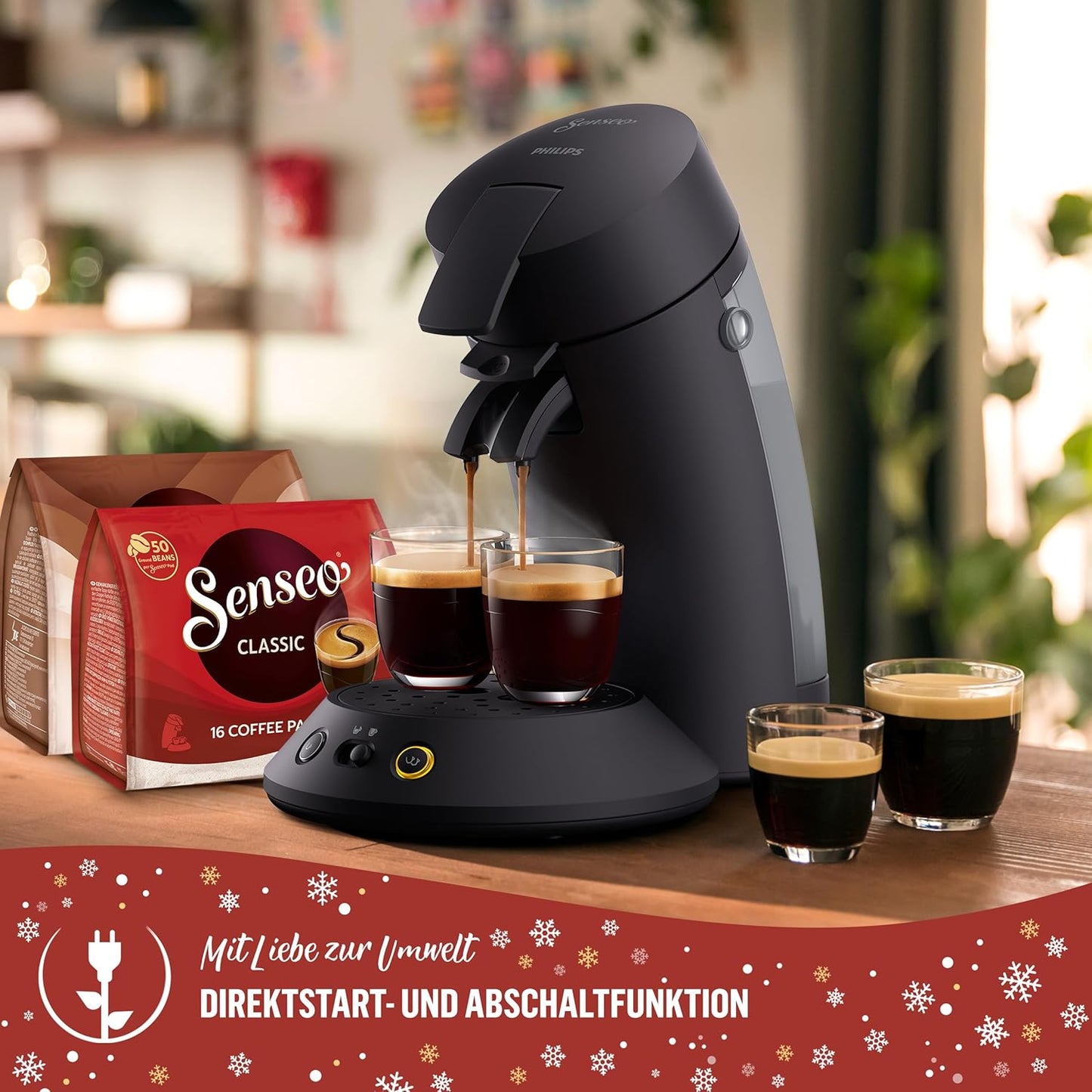 Senseo Original Plus Kaffeepadmaschine ‎CSA210/69 mit Kaffeestärkewahl und 2-Tassenfunktion, Compact, 5 cups Schwarz + 2 Padpacks