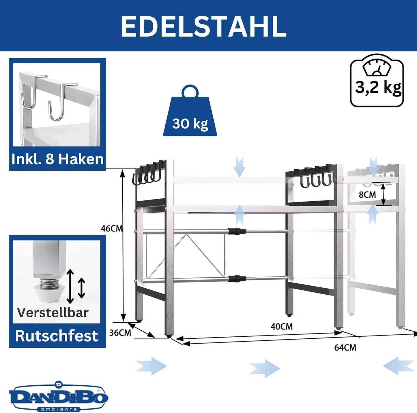 Verstellbares Mikrowellenregal 2-stufig, Silber/Edelstahl 2 Stufig / Höhe 46 cm
