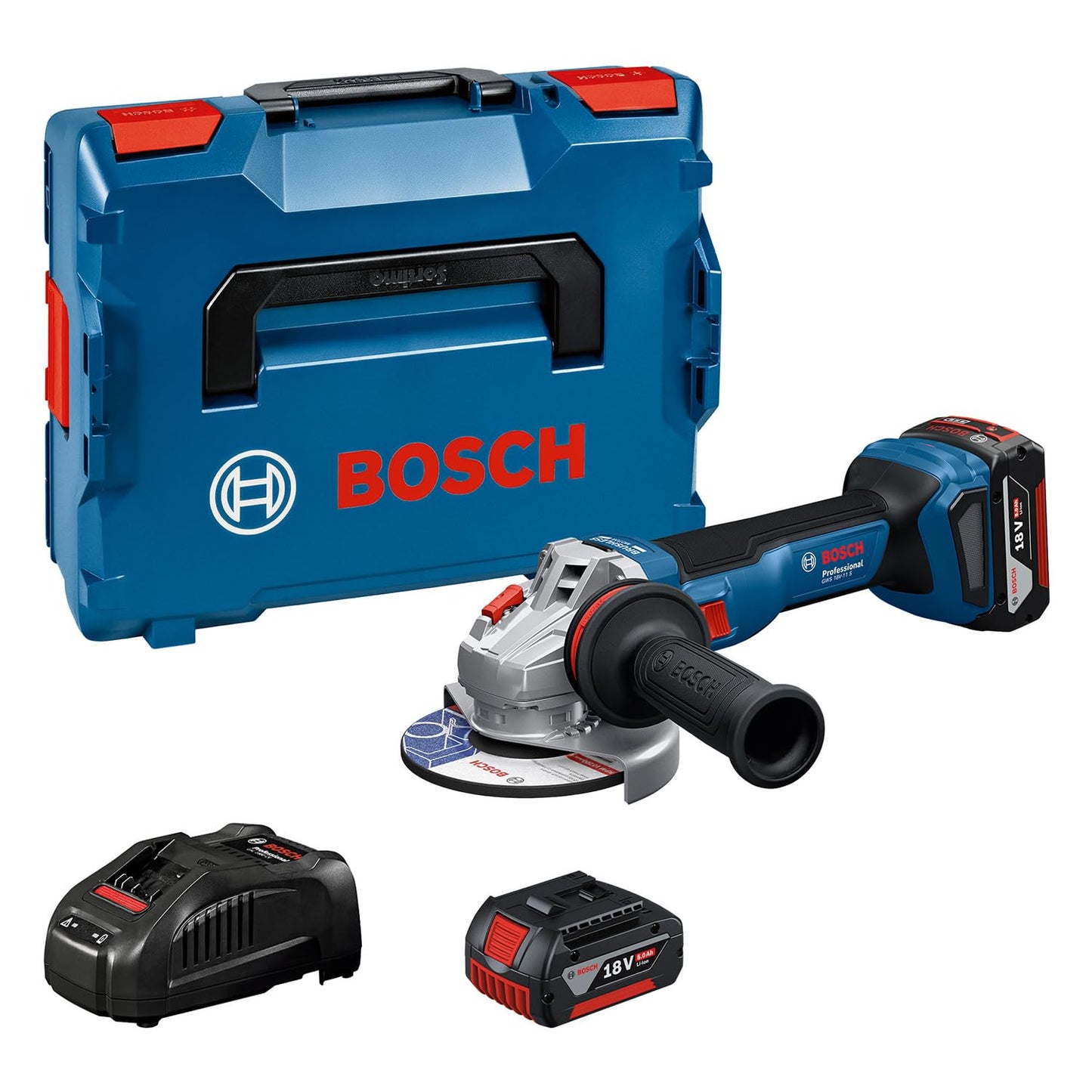 Accu-Winkelschleifer GWS 18V-11 S 2x 18V 5.0 Ah, +2x 18V 5.0Ah + GAL 1880 + L-Boxx