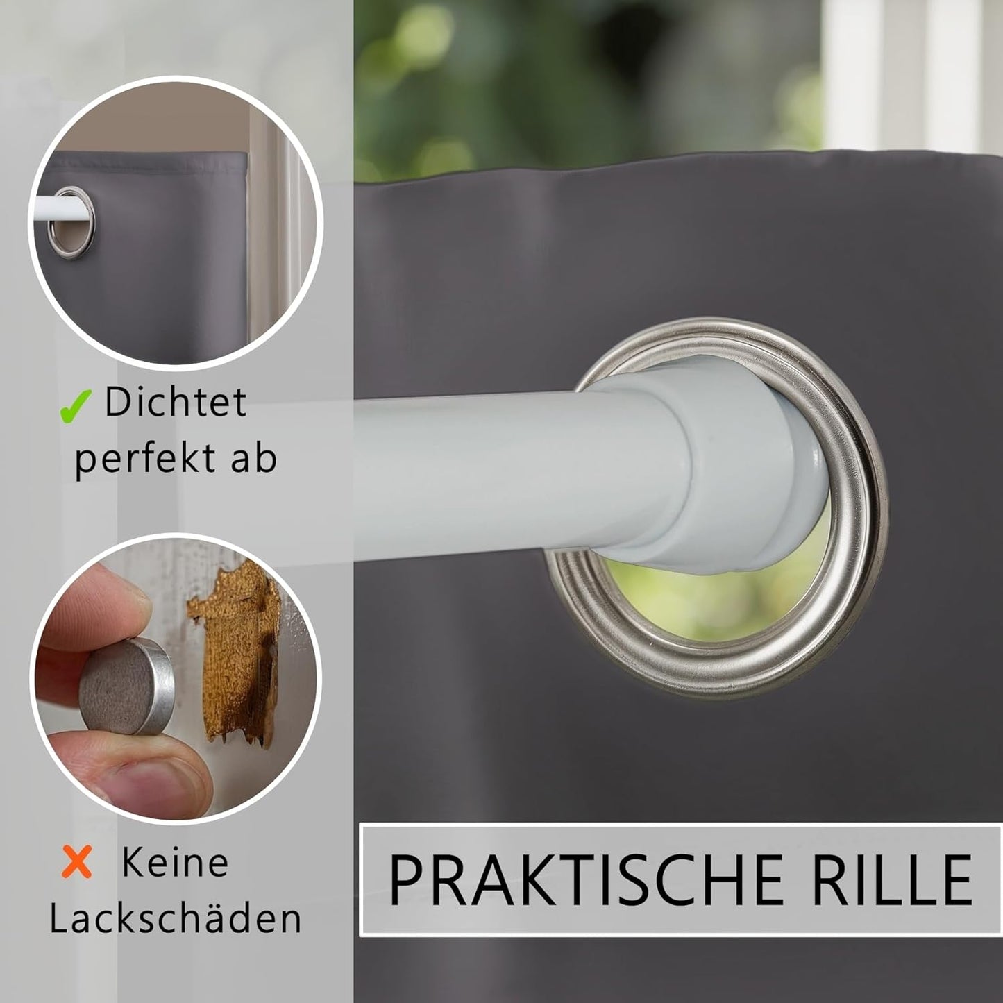 Thermo Türvorhang mit Teleskopstange, bohrfreie Montage, H200 x B150 cm (1er Pack) Vorhang Grau + Stange Weiss 70-120 Cm