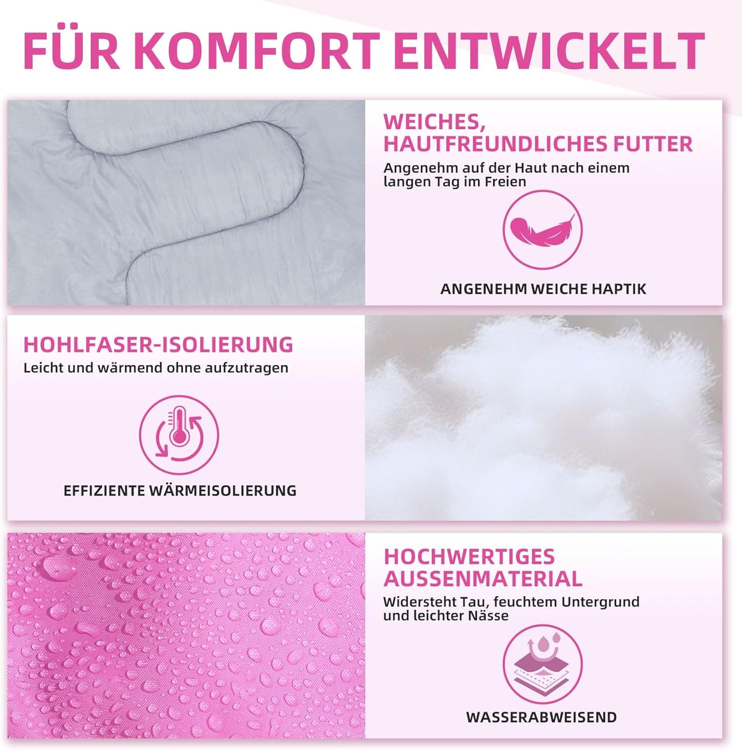 Leichter Camping-Schlafsack mit Kapuze, Rosa 0.9 KG