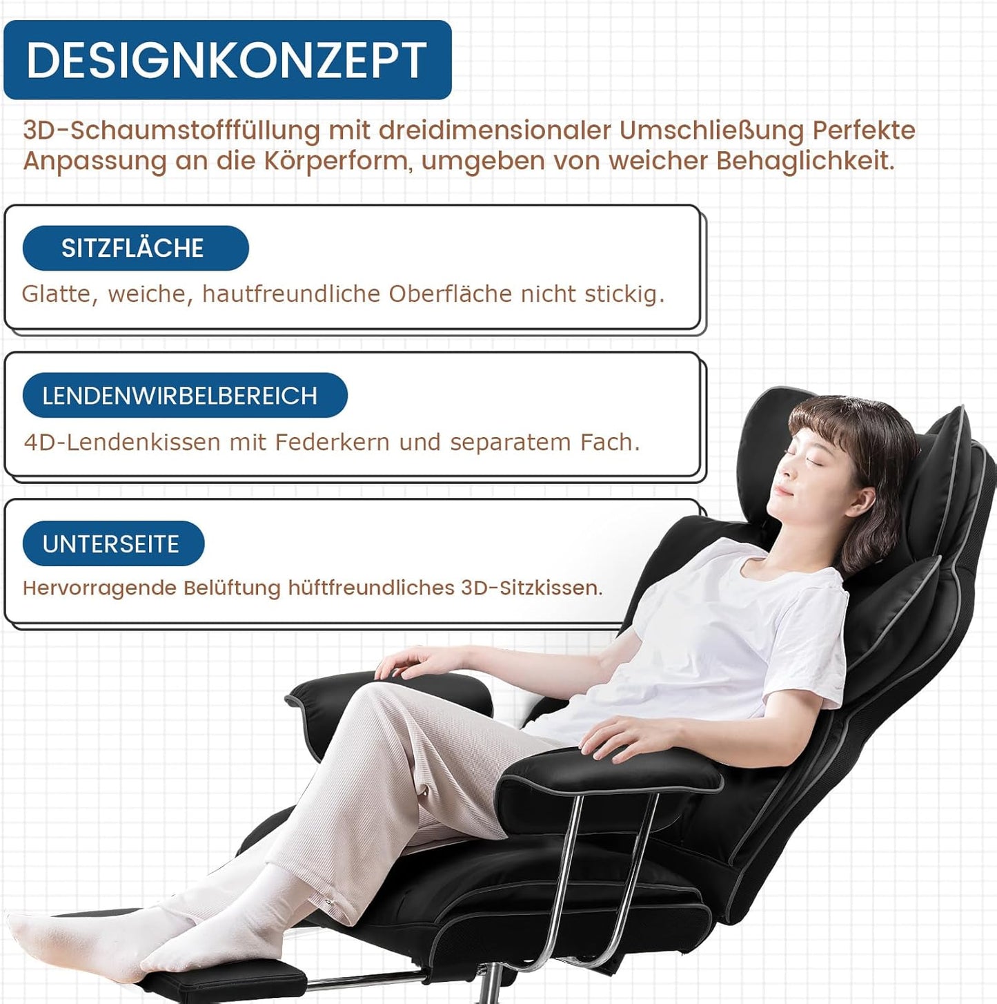 Ergonomischer Gaming Stuhl GT200 mit Fussstütze, Schwarz, Kunstleder