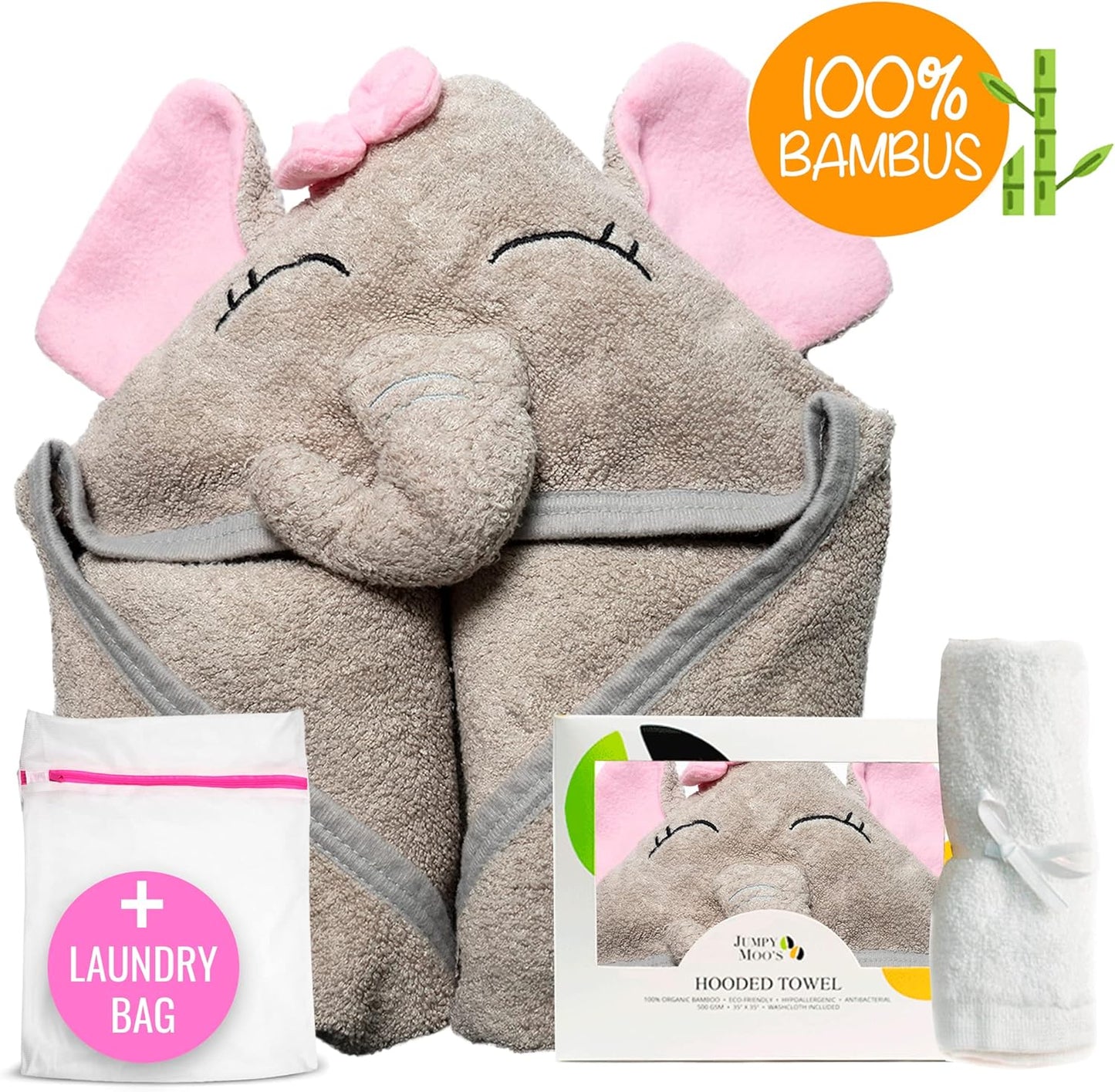 Baby-Kapuzenhandtuch-Set rosa Elefant mit Kapuze und Waschlappen, Rosa Elefant
