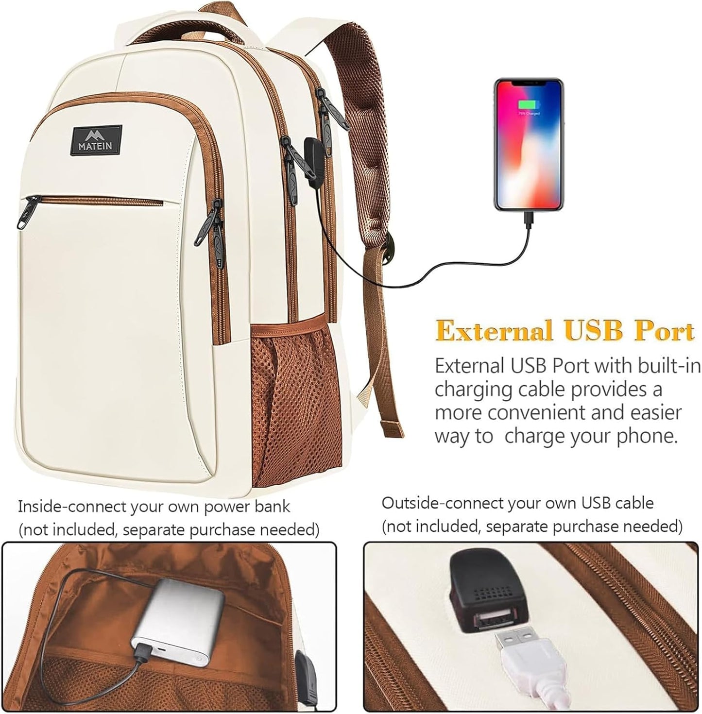 Business Laptop Rucksack mit USB-Anschluss 15,6 Zoll, 15.6" Beigebraun
