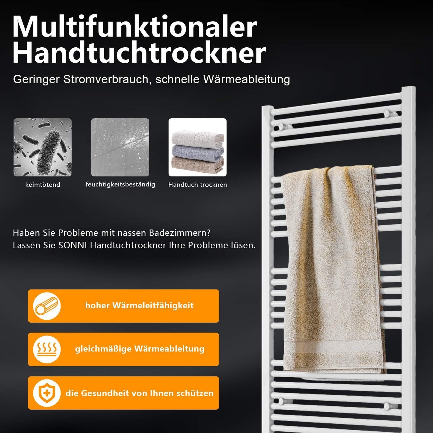 Handtuchheizkörper mit Mittelanschluss, 60 x 120 cm, Weiß 60x120cm