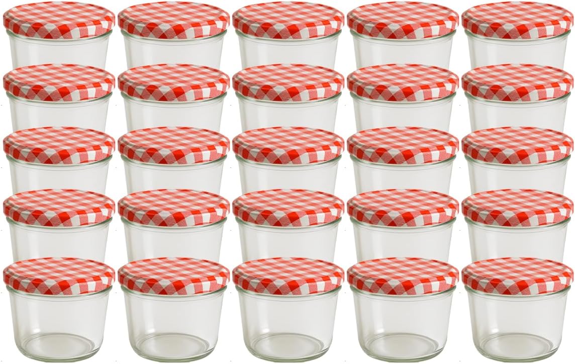 25er-Set Marmeladengläser mit Deckeln und Etiketten, Rot Kariert 230 ml 25