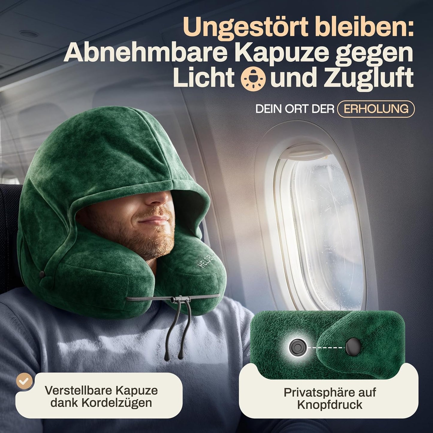 Aufblasbares Nackenkissen mit abnehmbarer Kapuze, Grösse L, Grün Gross - passt den meisten