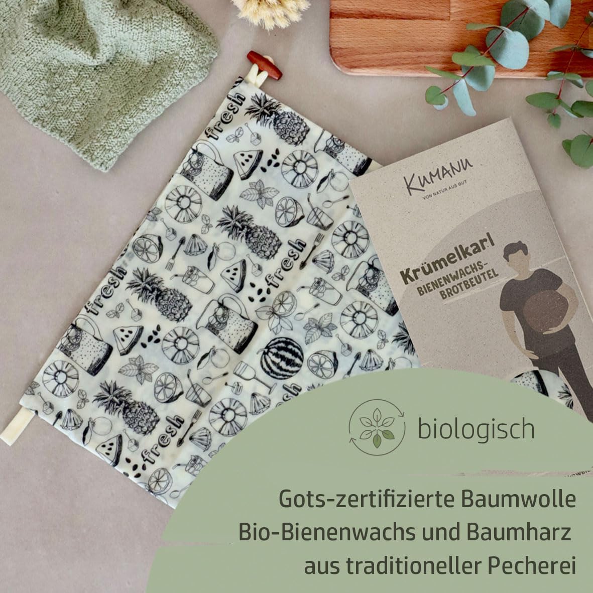 Bio-Bienenwachstuch Brotbeutel mit Standboden, Raute