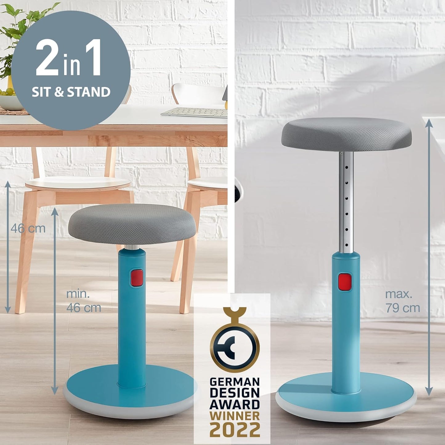 Ergonomischer höhenverstellbarer Wipphocker, Sanftes Blau Steh- und Sitzhocker