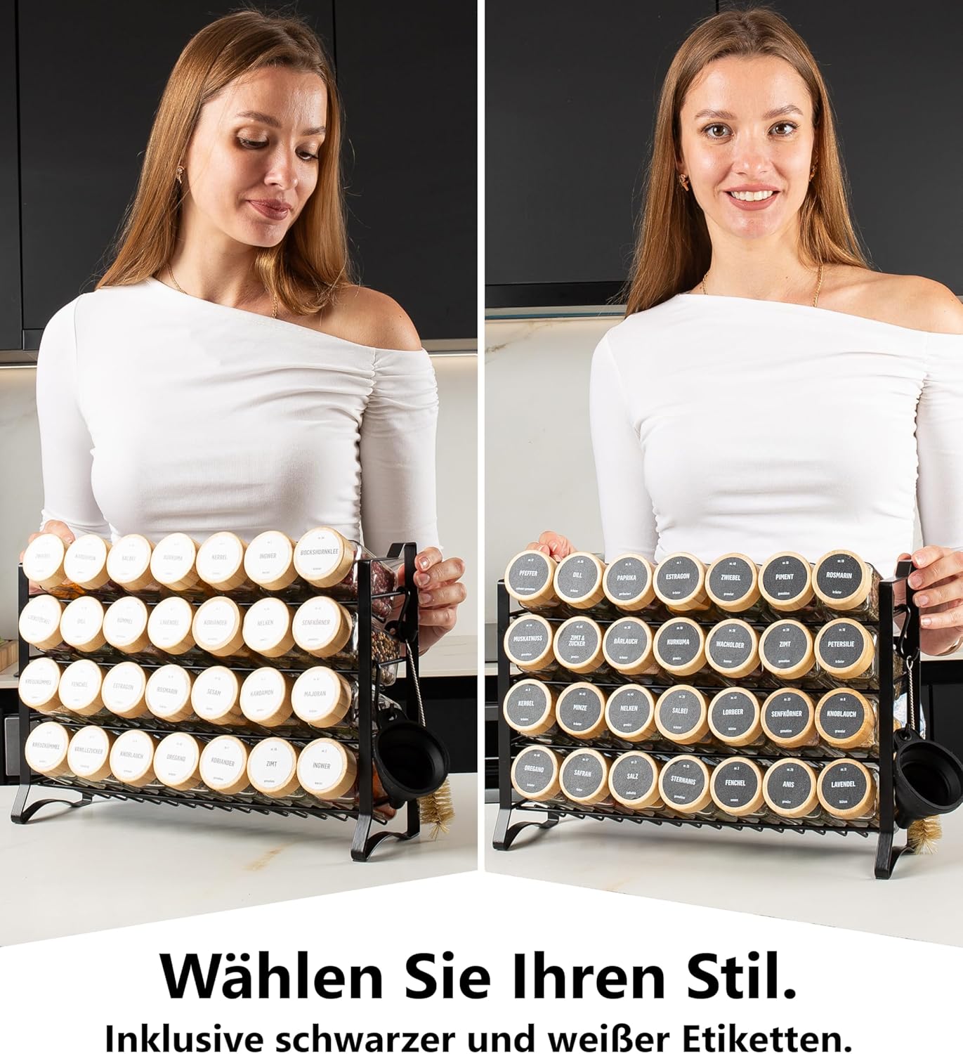 Gewürzregal mit Gewürzgläsern, Schwarz, Deckel Bambus