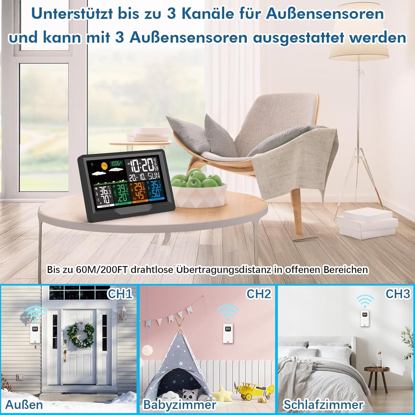 Funk-Wetterstation mit 3 Aussensensoren, Mattschwarz