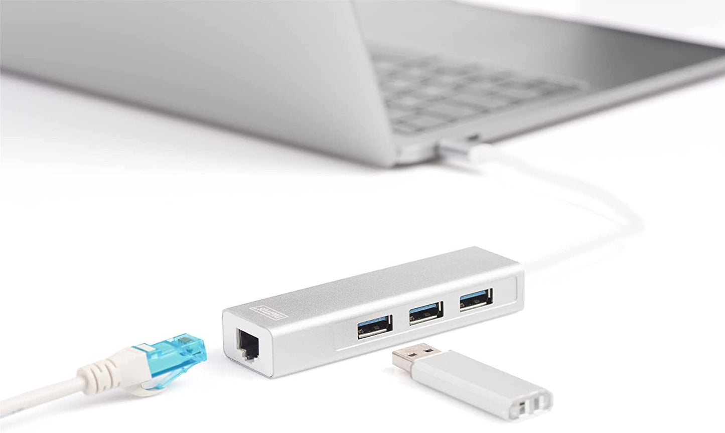 USB 3.2 Gen 1 Multiport-Hub, USB-C Stecker > 3x USB-A Buchse + RJ-45 Buchse, USB-Hub, USB 3.0 Typ-C HUB inkl. Gbit Ethernet Port