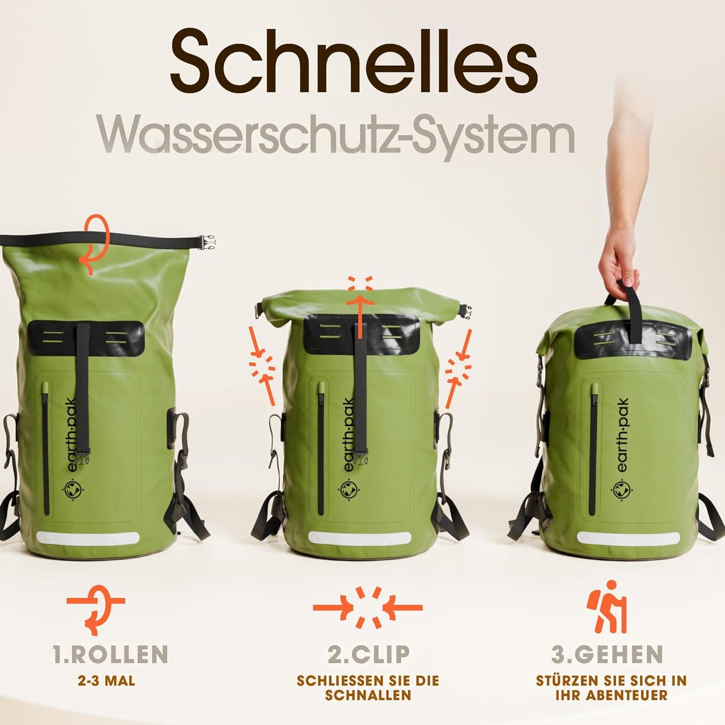 Wasserdichter Rucksack mit Rollverschluss und Handyhülle, 85L Grün