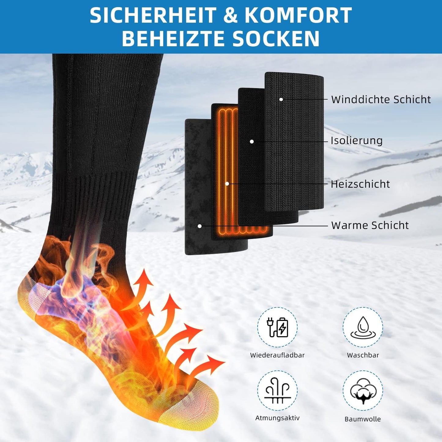 Beheizbare Socken, Schwarz