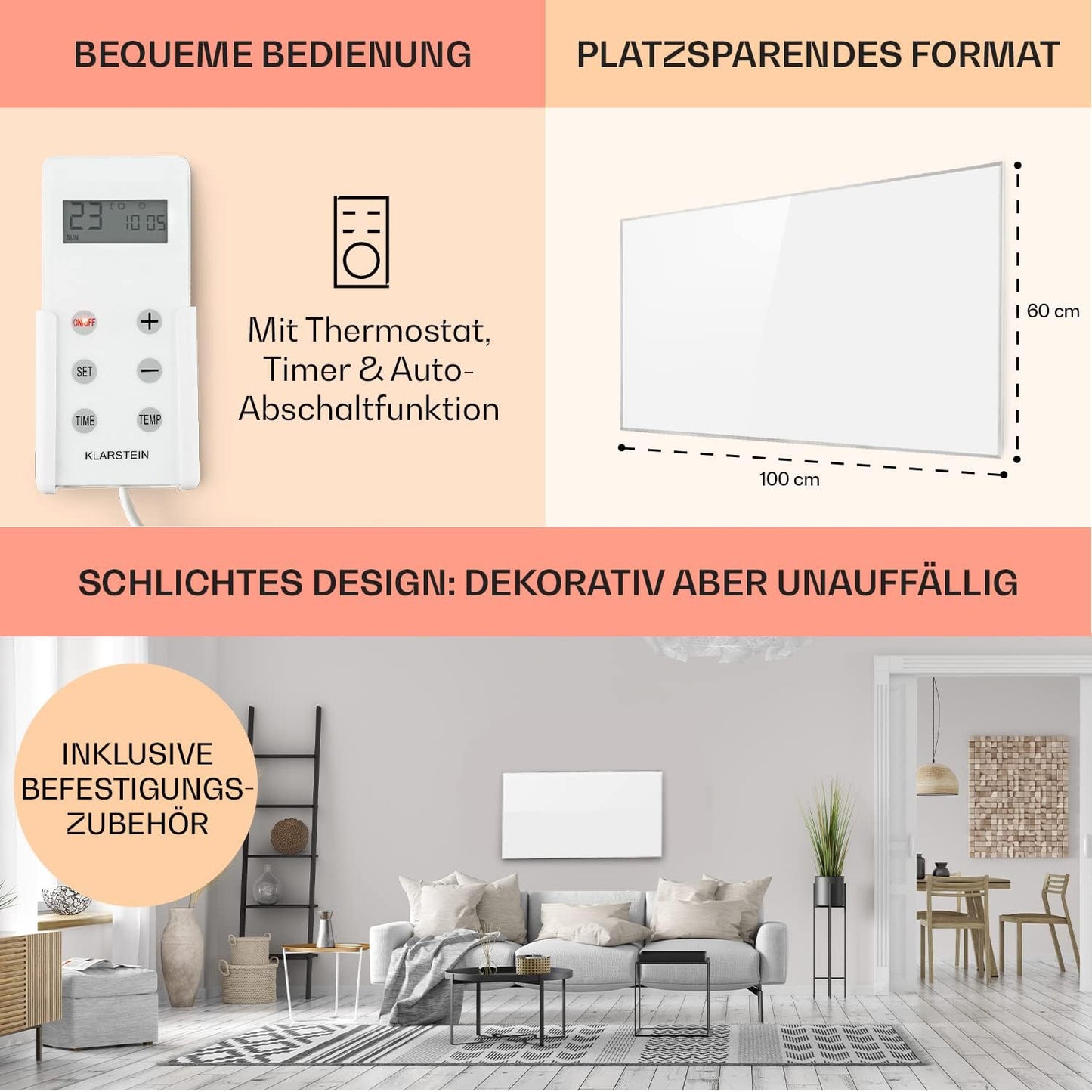 Infrarotheizung mit Thermostat & Fernbedienung, 60 x 100 cm Weiß - 60 X 100 Cm