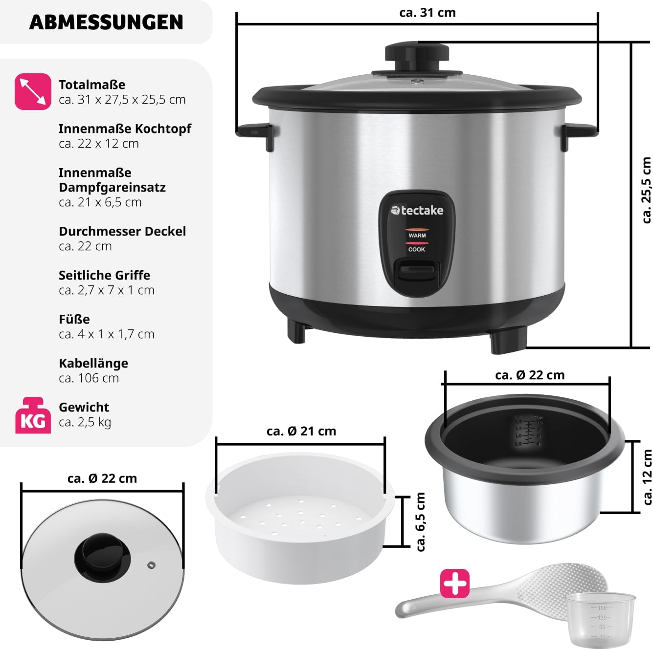 Reiskocher mit Dampfgarer für 10 Portionen