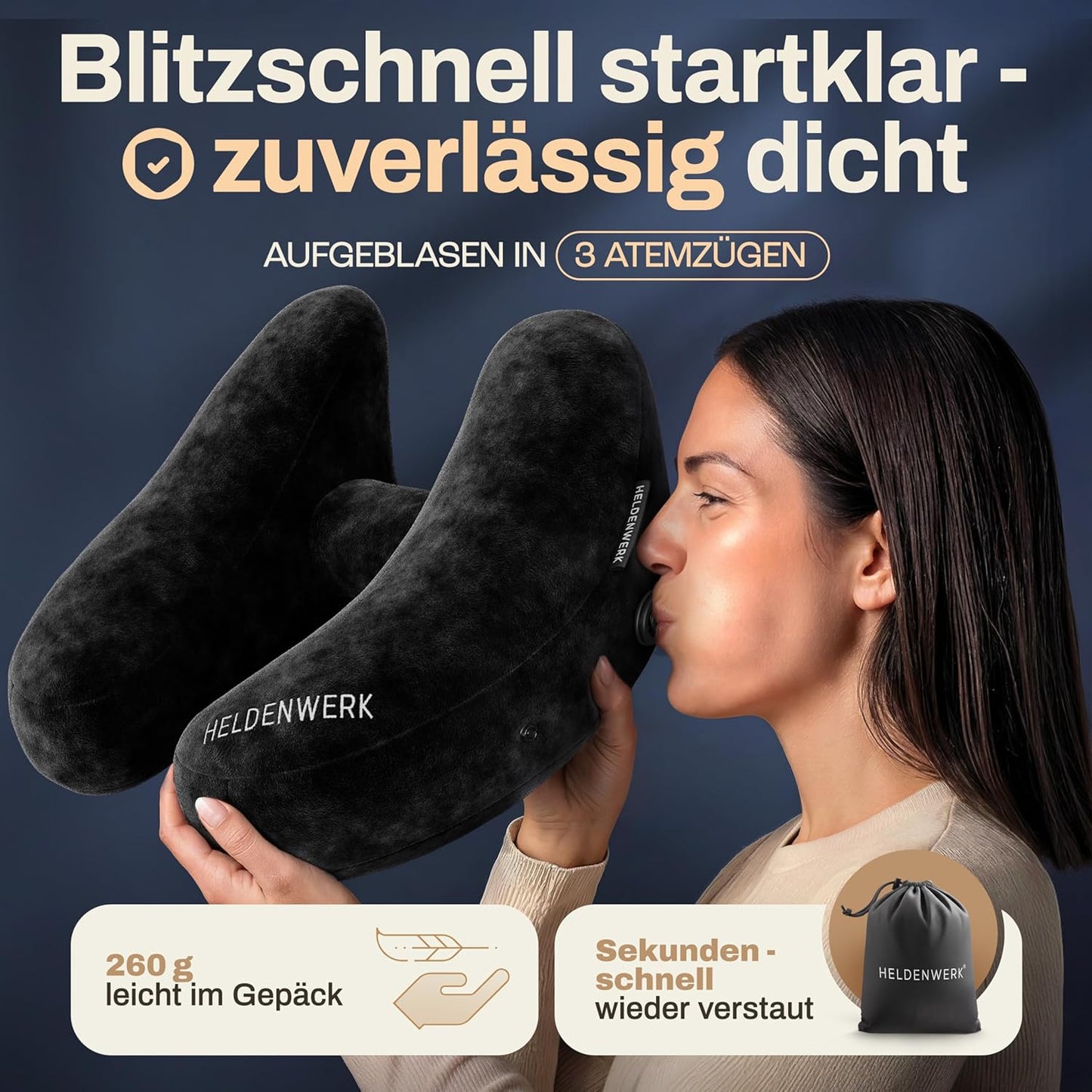 Aufblasbares Nackenkissen mit abnehmbarer Kapuze, Grösse M, Schwarz Klein - für zierliche Frauen und Teenager